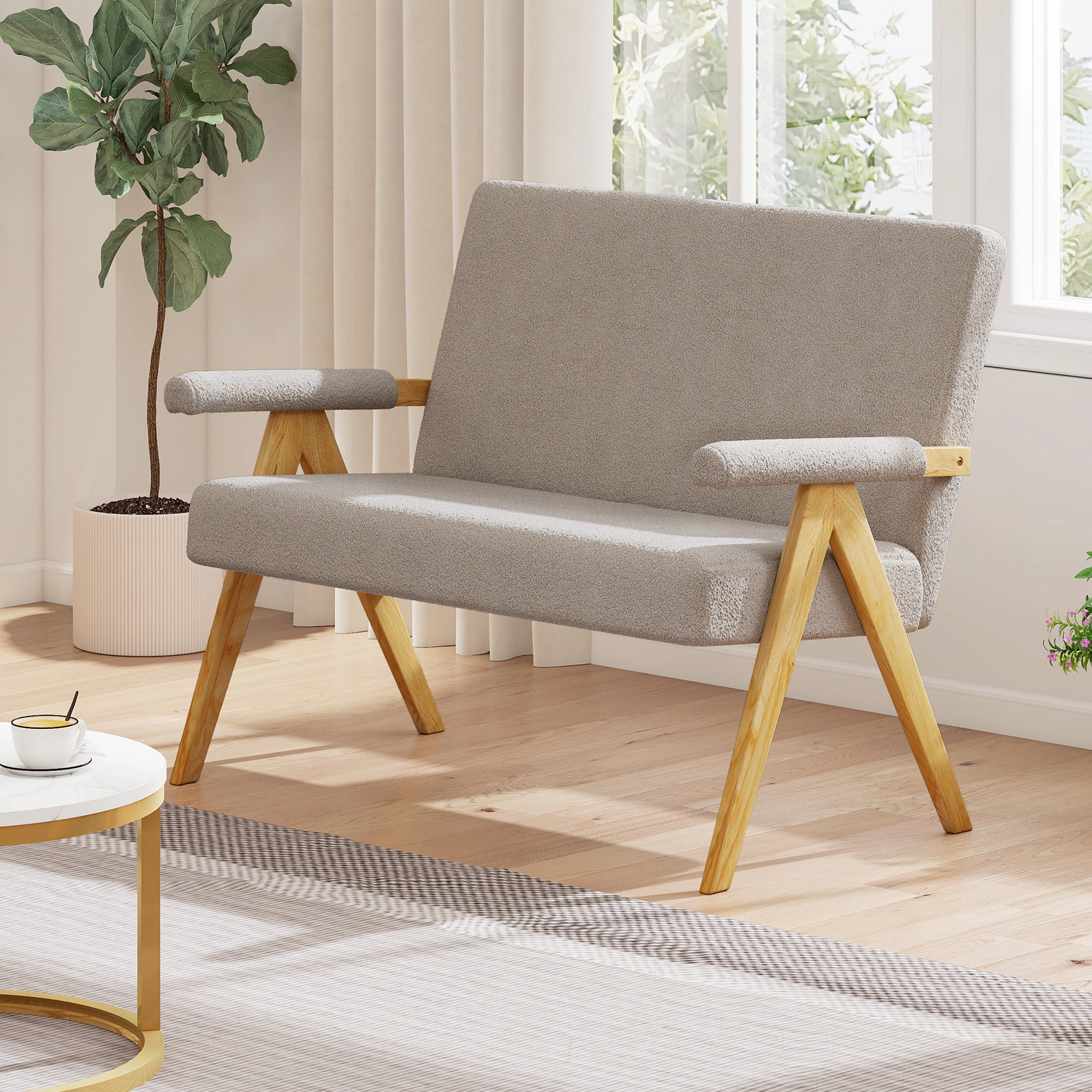 SUGIFT Loveseat Sofa Gray Sherpa Upholstered with Armrests and Wooden Legs