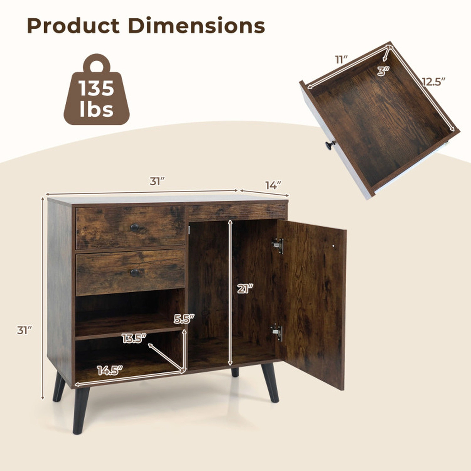 SUGIFT 31-in Sideboard Cabinet with 2 Open Compartments 2 Drawers and Single-Door Cabinet 135-lb Capacity Rustic Brown