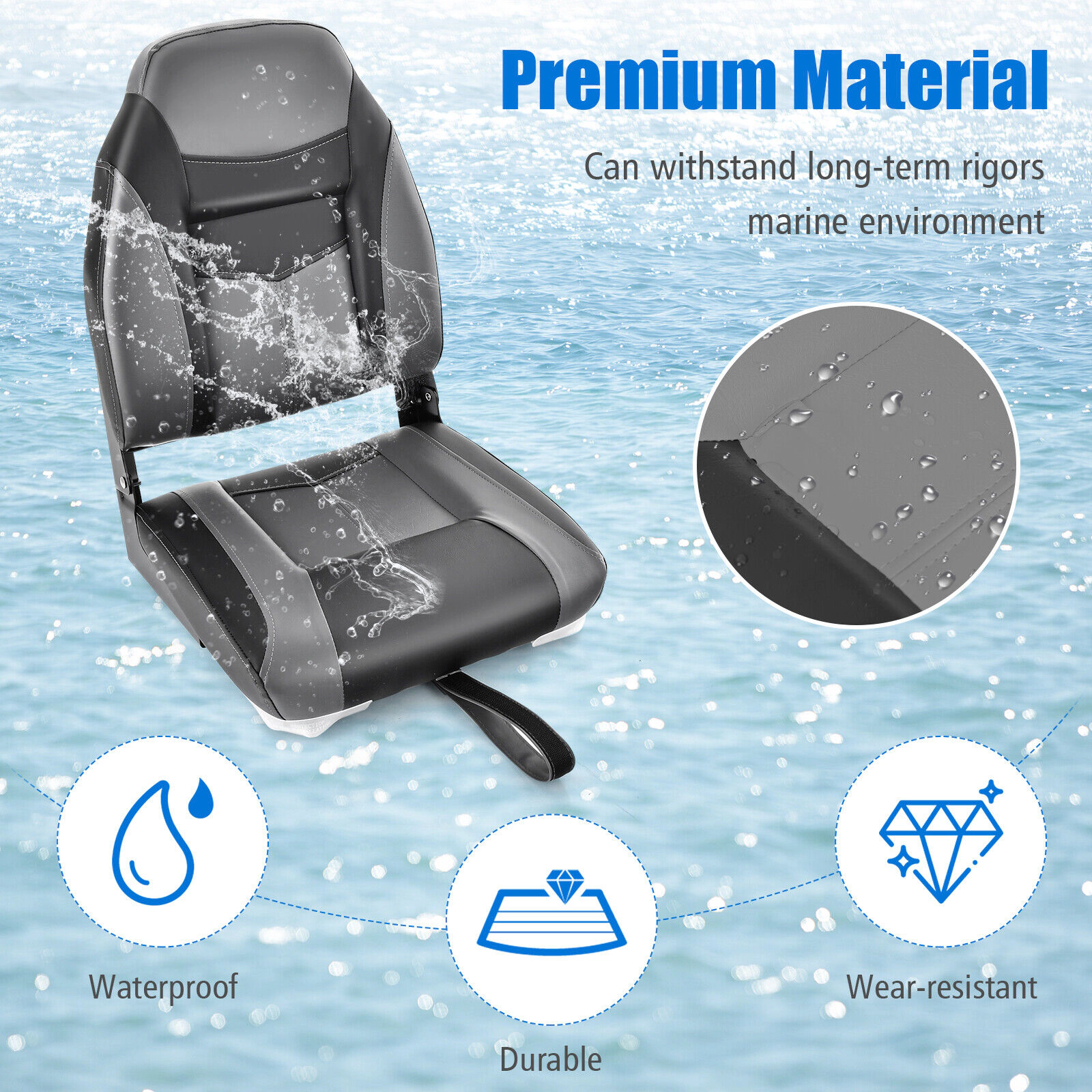 SUGIFT Black High Back Folding Boat Seat with Aluminum Hinges 17.5-in W 20-in D 24-in H 250-lb Chair Capacity
