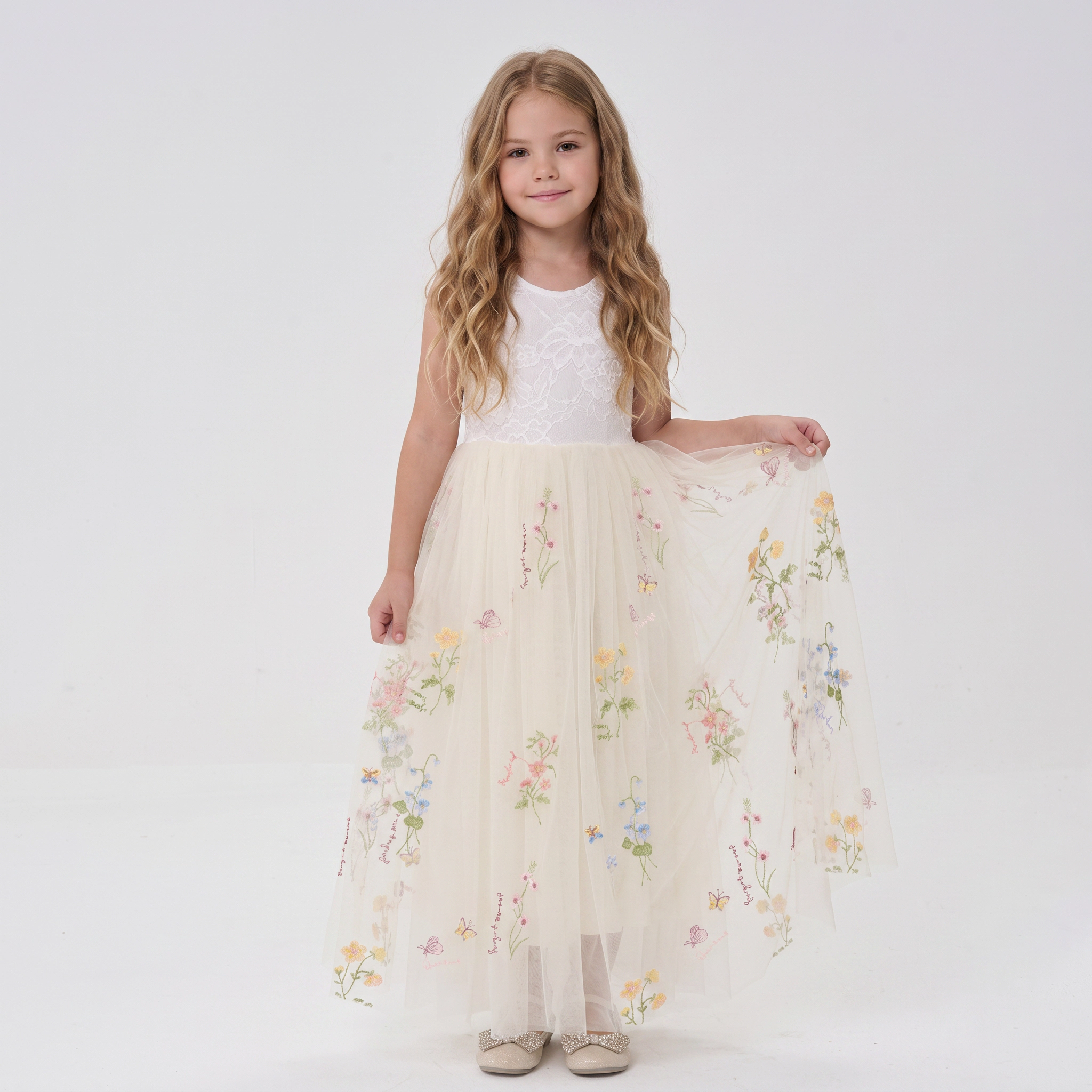 2Bunnies Girls' 3T-9Y Floral Embroidered Tulle Lace Sleeveless Maxi Flower Girl Dress