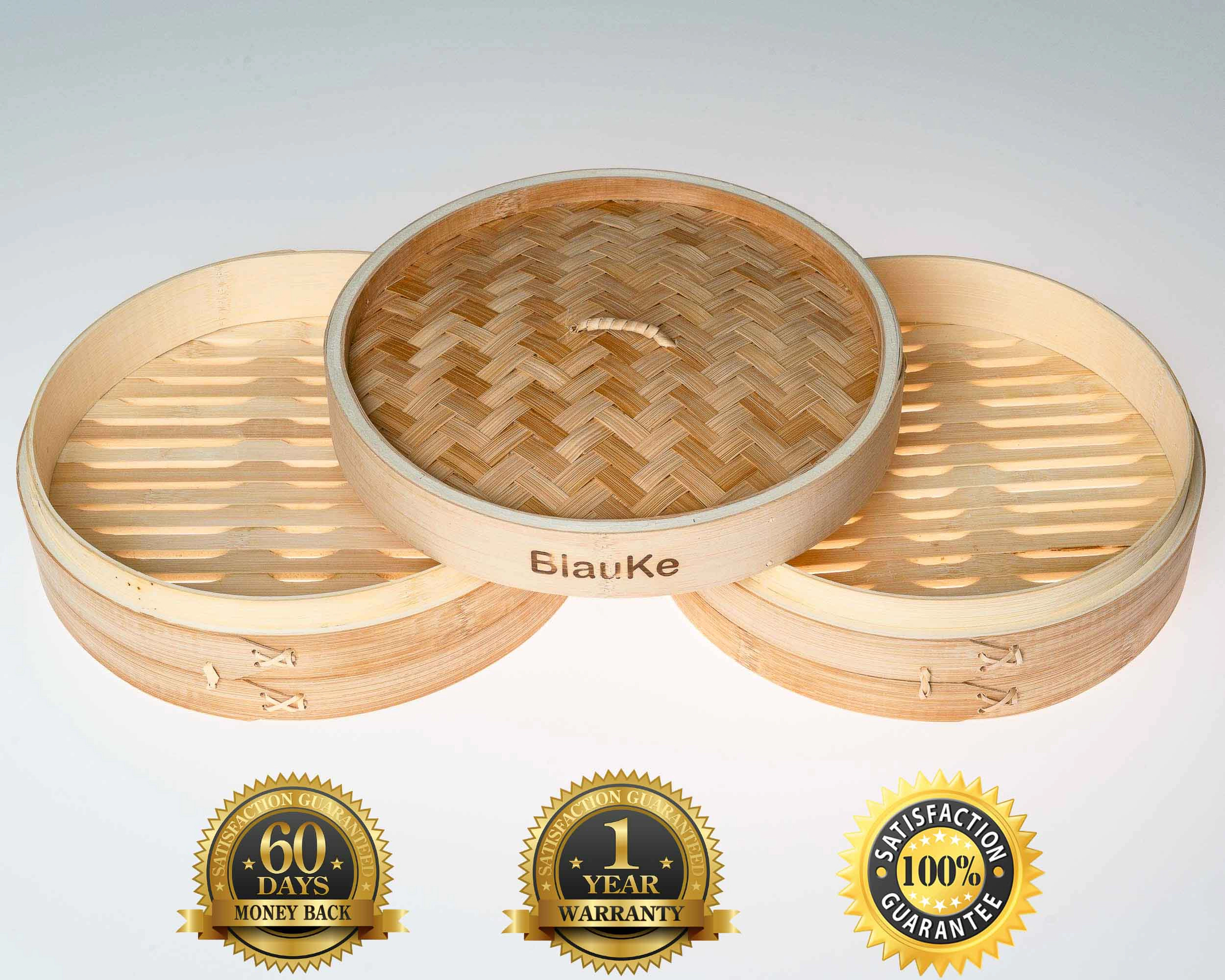 Bamboo Steamer for Cooking Dumplings, Veggies, Fish, Rice - 2 Pairs Chopsticks, Tongs, 50 Paper Liners