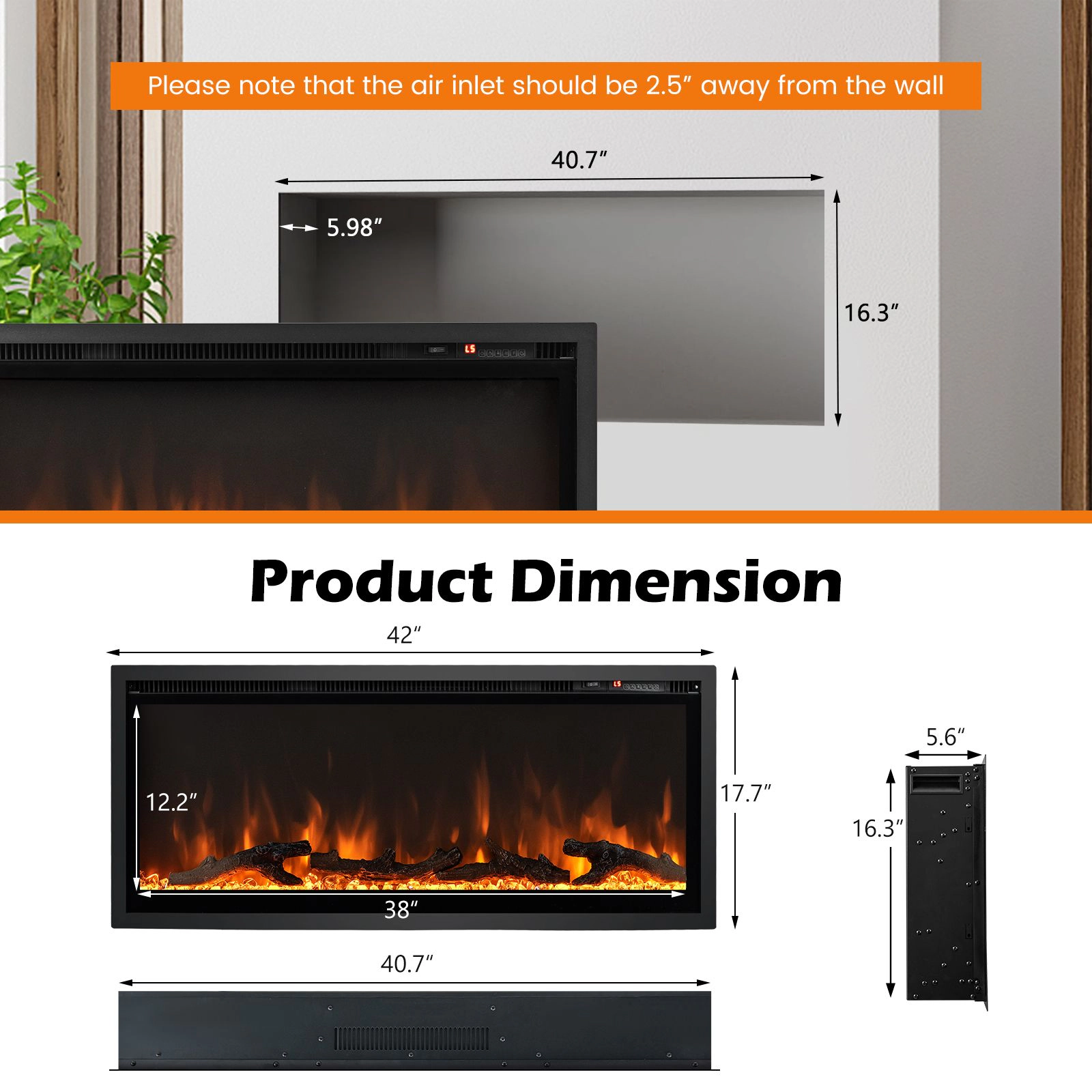 SlickBlue Linear Electric Fireplace Heater, 36/42/50 Inch, Wall Mounted or Freestanding, 5000 BTU