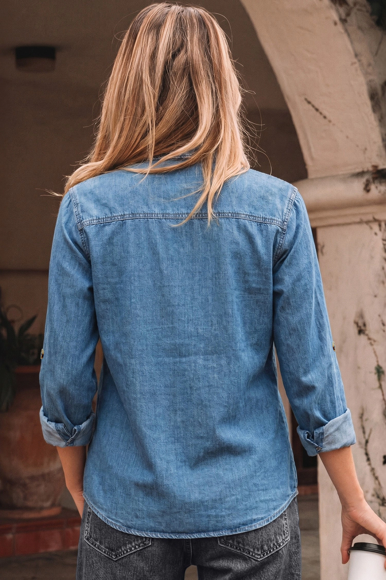 19092 Makenna Myosotis Slim Denim Shirt - Lightweight Cotton, Roll-Tab Sleeves