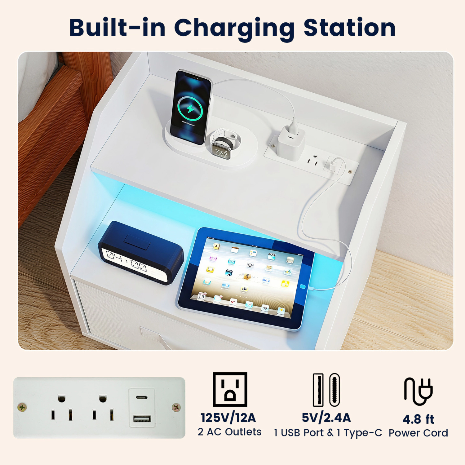 Hivvago Nightstand With Power Outlets And Open Storage Shelf