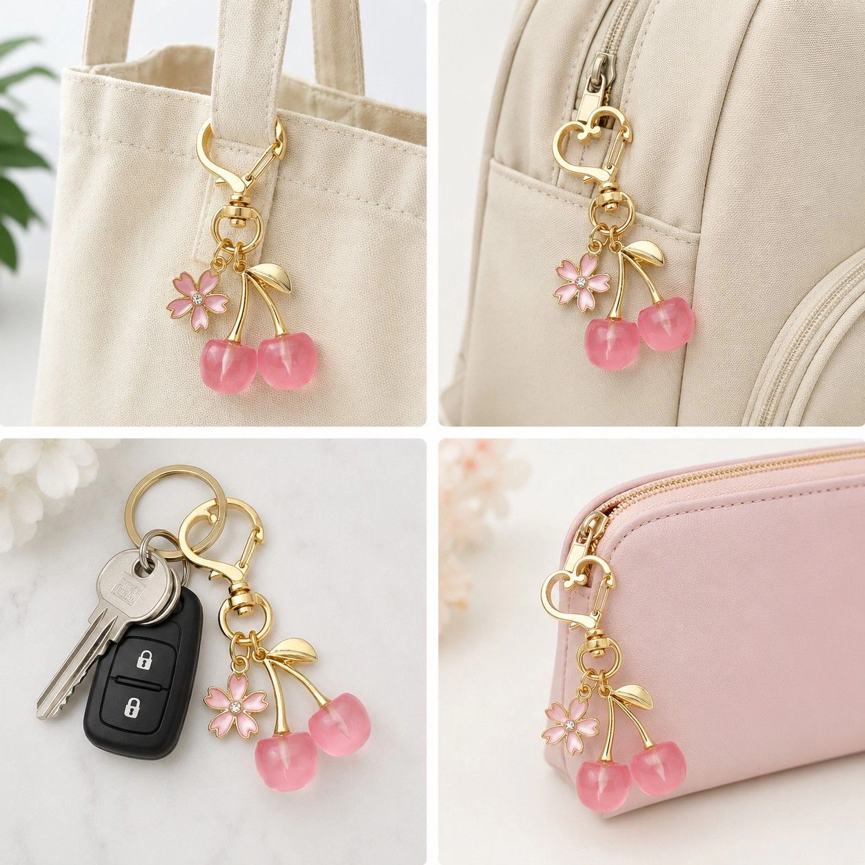 Alilang Women's 2-Pack Translucent Cherry Bag Charm Keychains with Flower Accents and Gold-Tone Heart Clasps