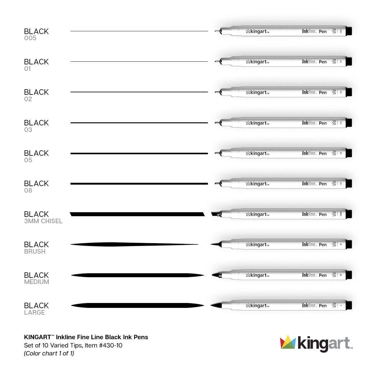 KINGART Inkline PRO 10 pc Fine Line Archival Black Ink Pens - Assorted Tips