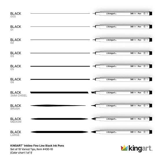 KINGART Inkline PRO 10 pc Fine Line Archival Black Ink Pens - Assorted Tips