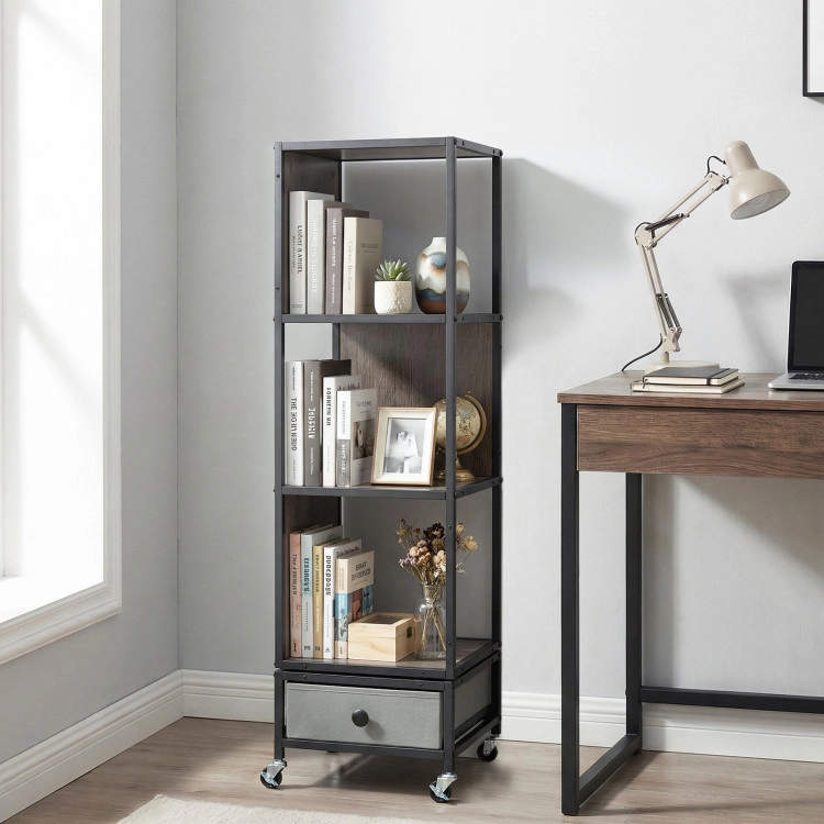 Hivvago 4-Tier Rotating Bookshelf on Wheels with Removable Drawer