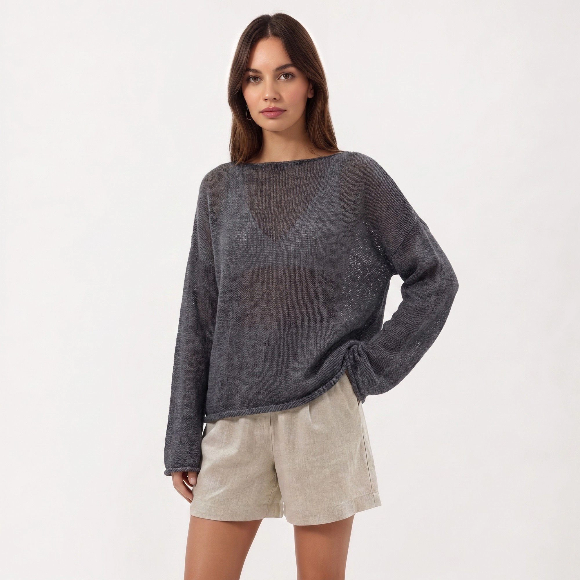 Anna-Kaci Women's Lightweight Open Knit Long Sleeve Sweater Top with Relaxed Fit and Subtle Sheer Texture