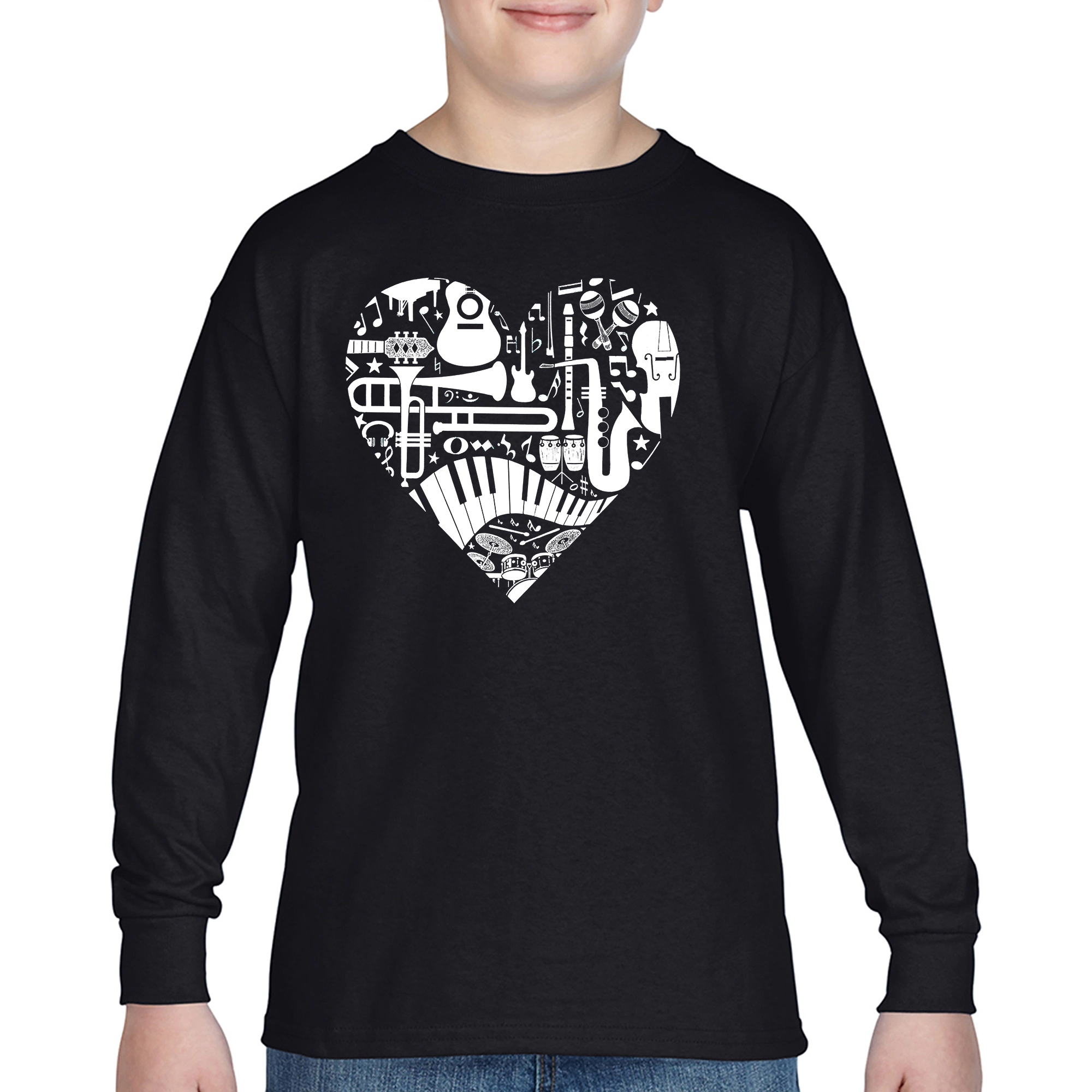 LA Pop Art Boys Long Sleeve T-Shirt - Musical Instrument Heart