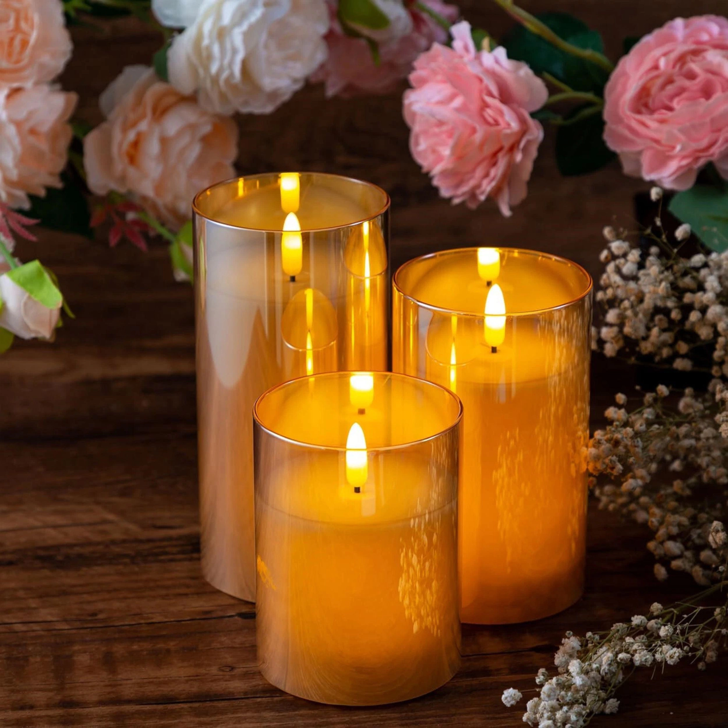 Home Collection Pack of 3 Gold Glass Flameless LED Candles with Remote