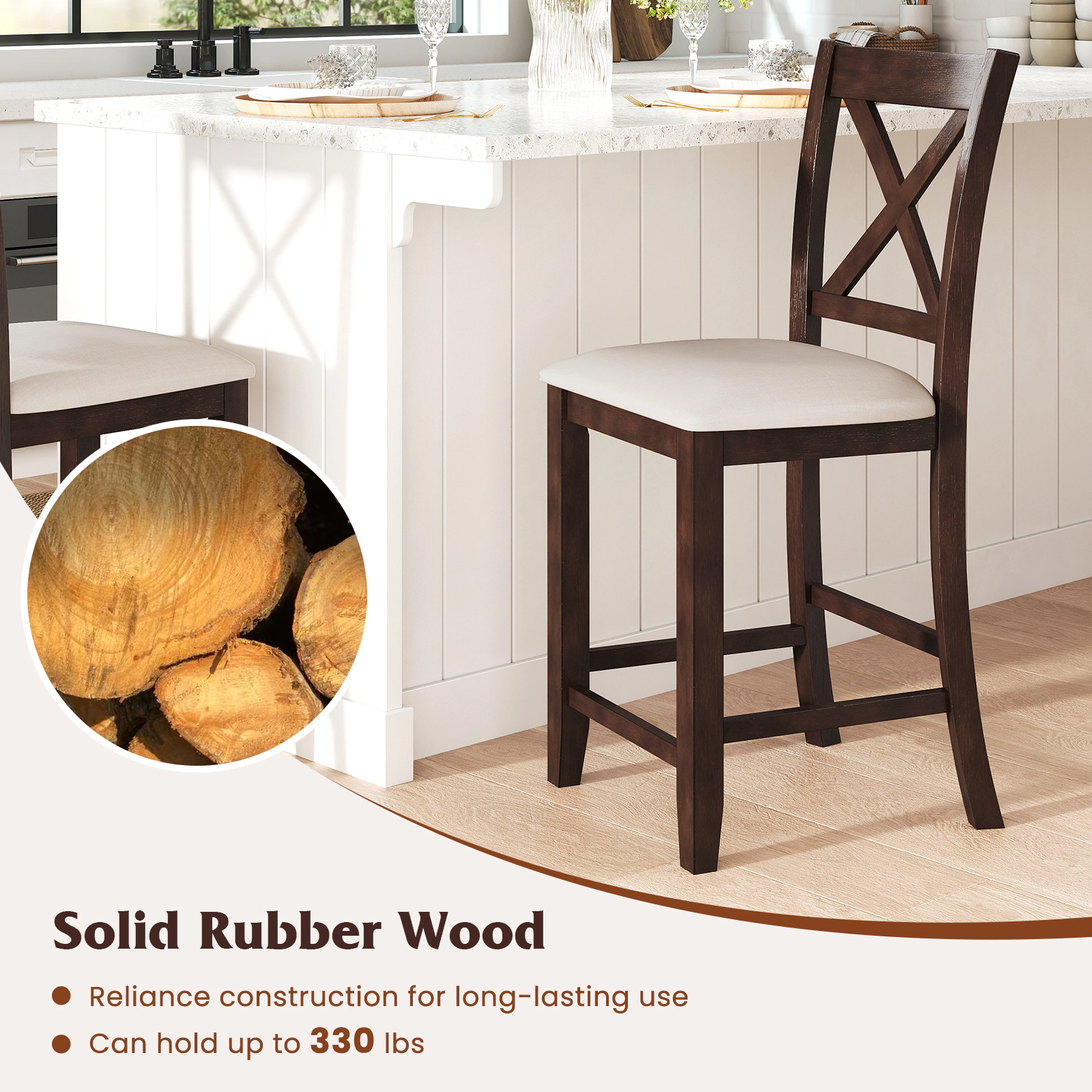 SUGIFT Slatted Back and Linen Cushion Set of 2 Modern Farmhouse Counter Height Stool