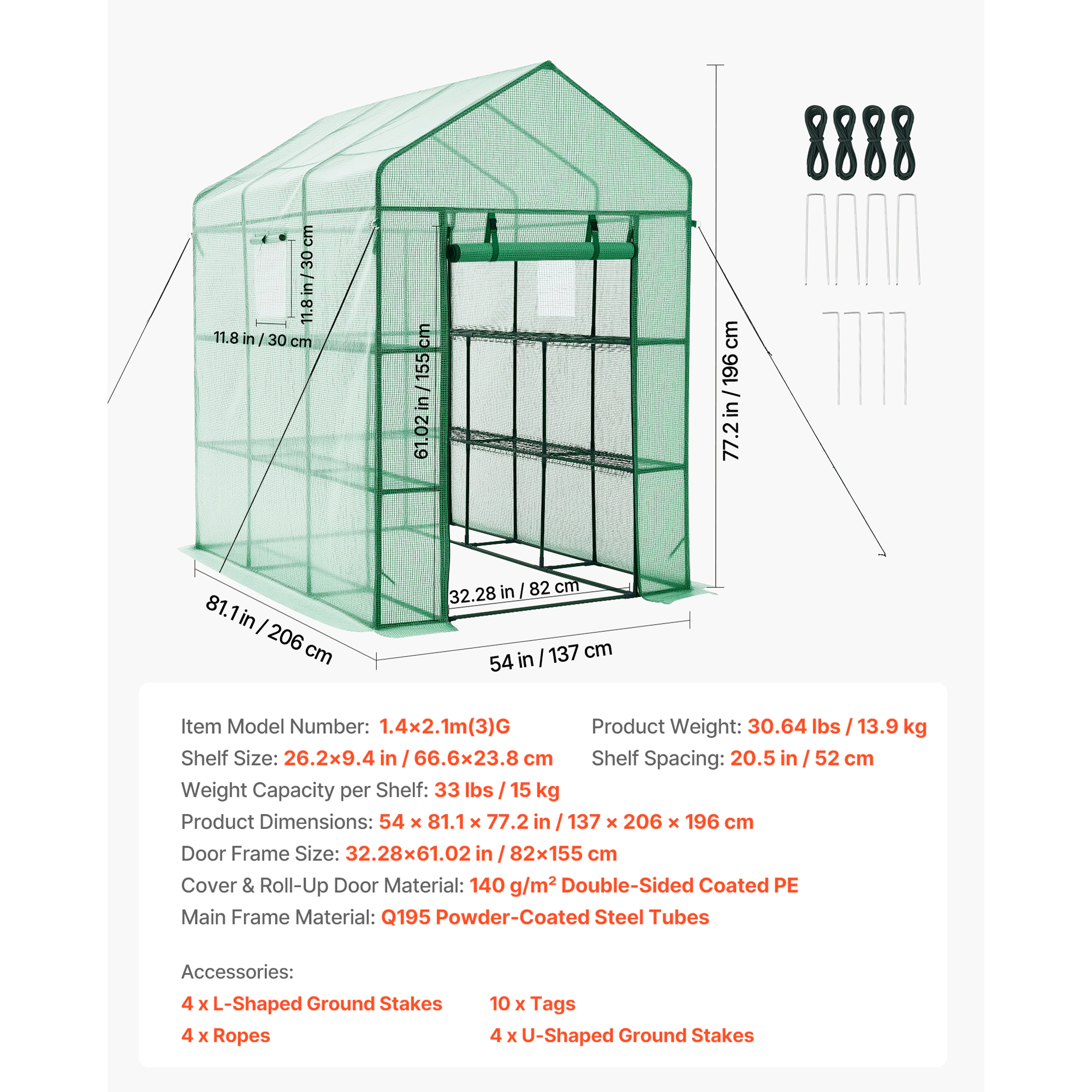 HONGGE Walk-in Green House Greenhouse with Shelves High Strength PE Cover with Zipper Door and Steel Frame Assembly in