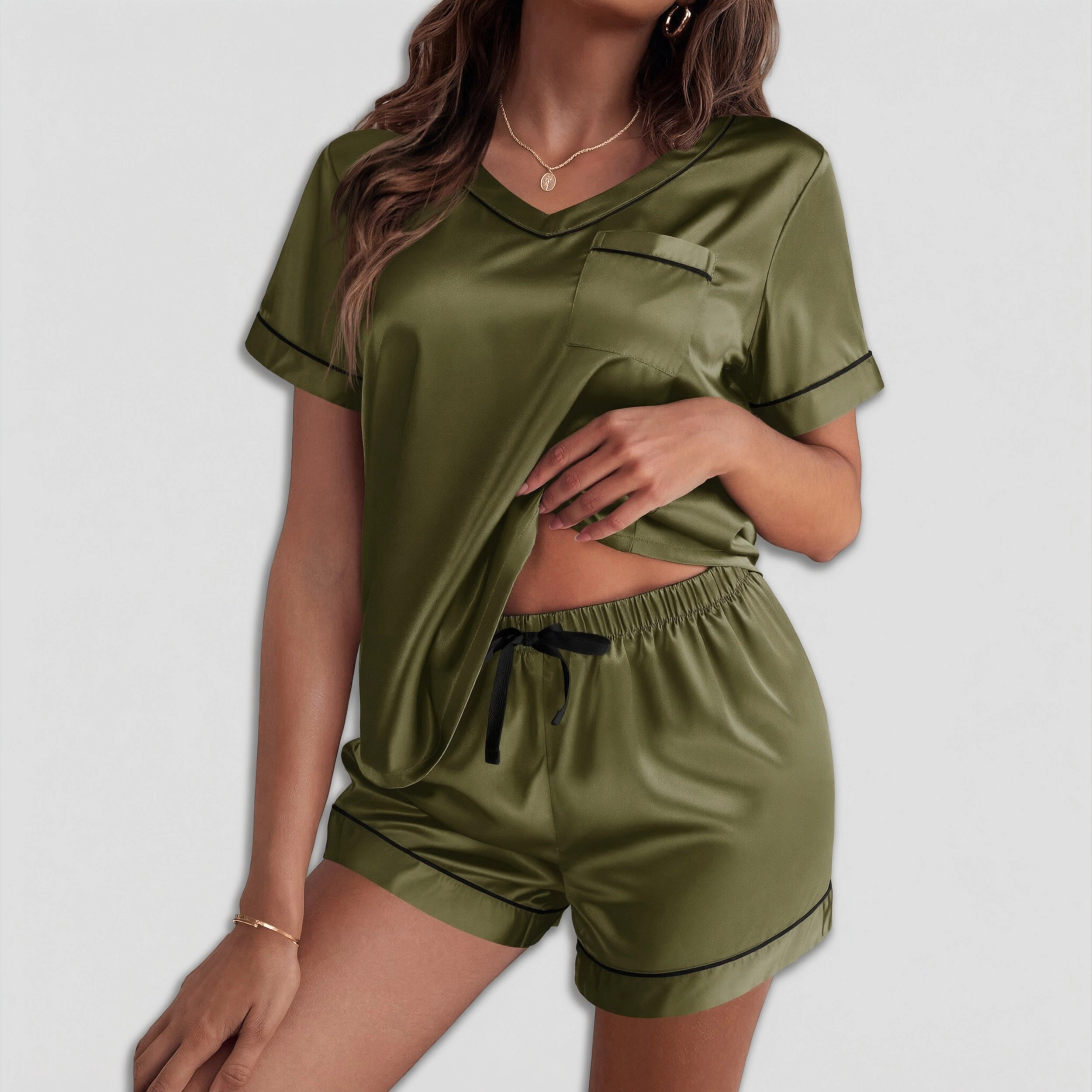 Ekouaer Women's Soft Silk Pajama Set with Short Sleeve Top
