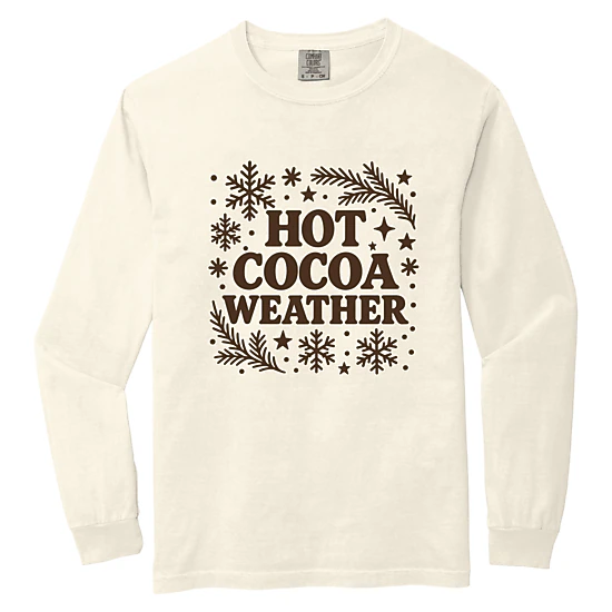 Simply Sage Market - Women's Garment Dyed Long Sleeve Graphic T-Shirt - Hot Cocoa Weather Snowflakes