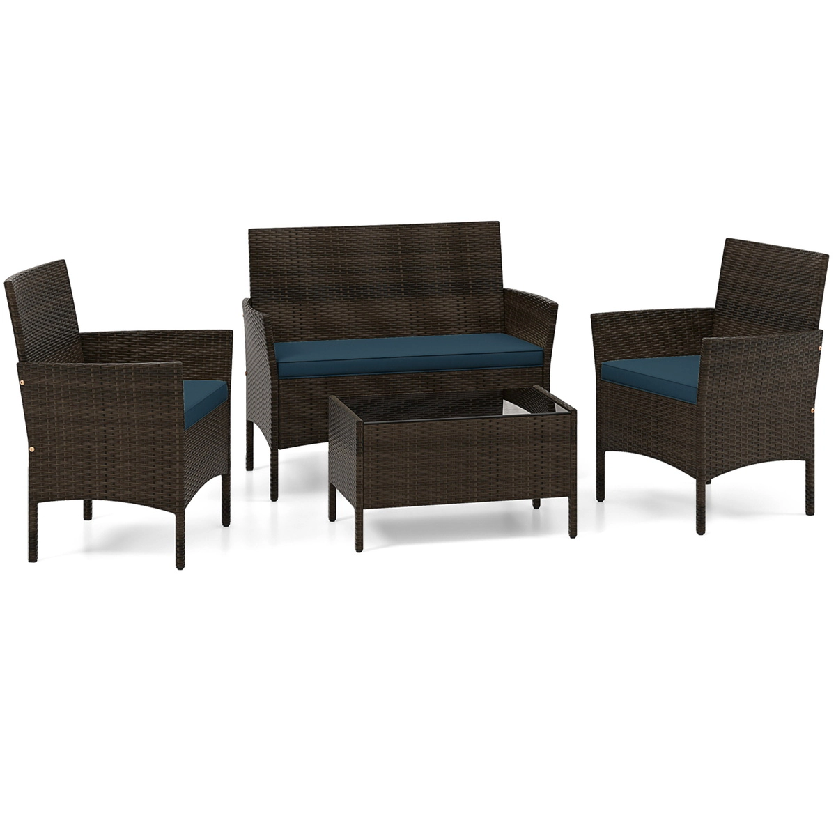 SUGIFT 4 Piece PE Rattan Patio Conversation Set with Cushions 800-lb Loveseat 400-lb Chairs 110-lb Table Peacock Blue