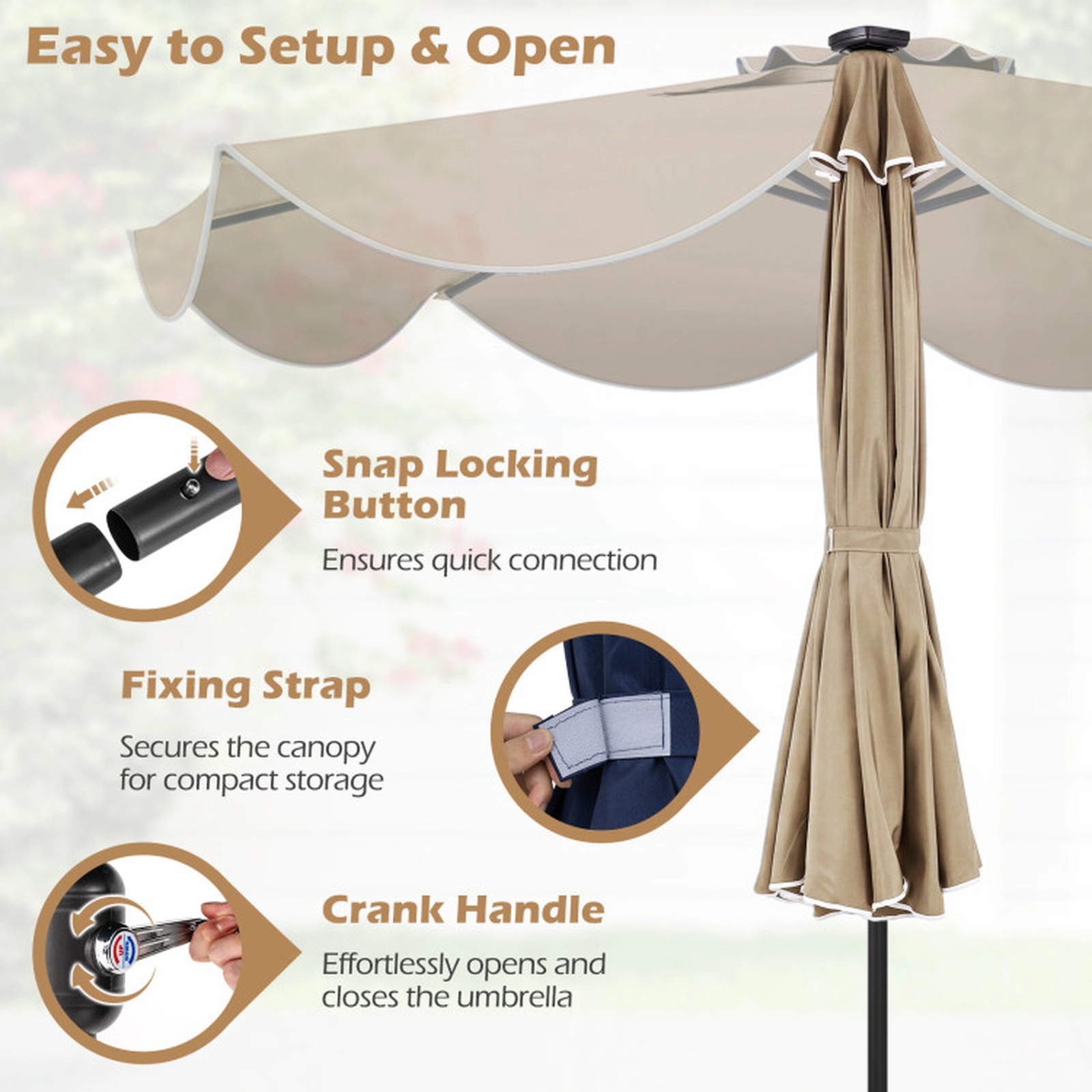 SUGIFT Scalloped Solar Patio Umbrella Market Table Umbrella with 24 LED Lights 9-ft Tan