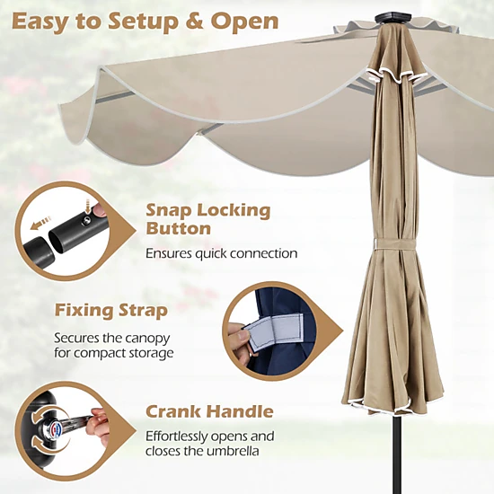 SUGIFT Scalloped Solar Patio Umbrella Market Table Umbrella with 24 LED Lights 9-ft Tan