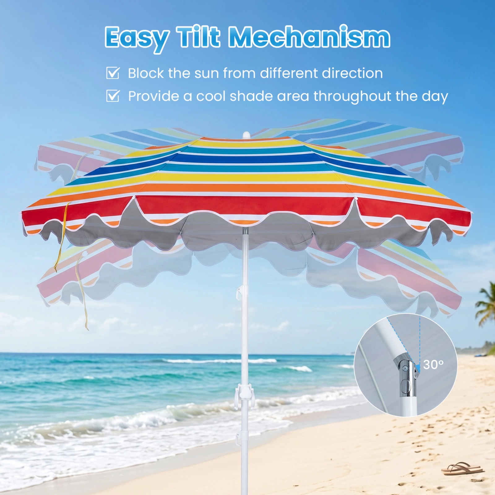 SUGIFT 7-ft Rainbow UPF 50+ Beach Umbrella with 16-in Sand Anchor Tilt Fiberglass Ribs and Cup Holders