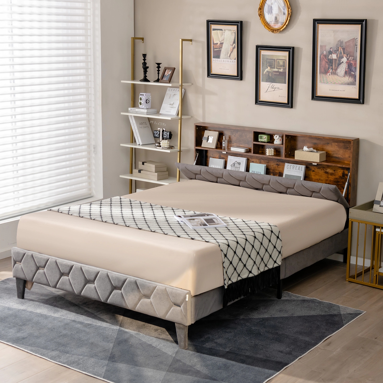 SUGIFT Queen Size Rustic Brown Upholstered Bed Frame with Flip-Up Storage Headboard 62-in W 1000-lb Frame