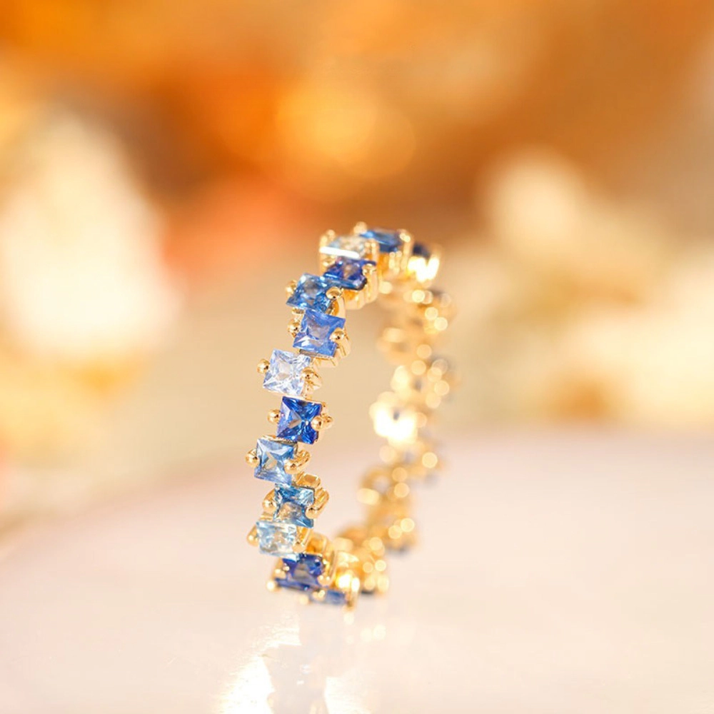 Wardrobe Whimsy Gradient Blue Square Cubic Zirconia Gold‑Tone Adjustable Ring