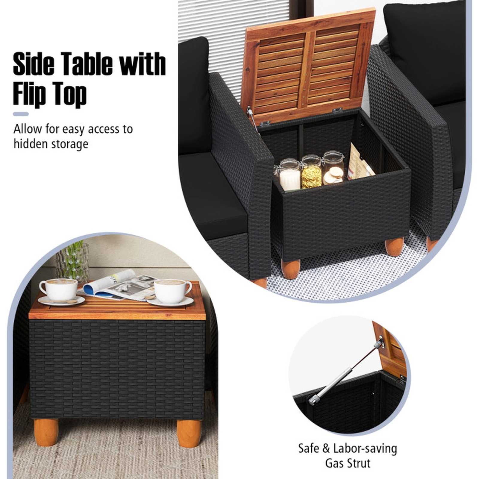 SUGIFT Black Acacia Wood Table and Hidden Storage 3-Piece Outdoor Rattan Sofa Set