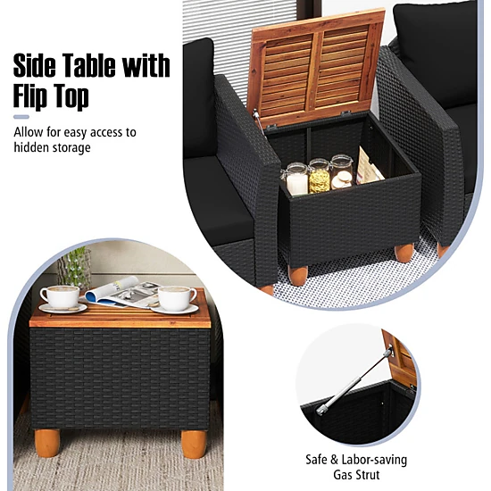 SUGIFT 3-Piece Black Patio Furniture Set with Rattan Sofas and Hidden Storage Acacia Table 400-lb Per Chair