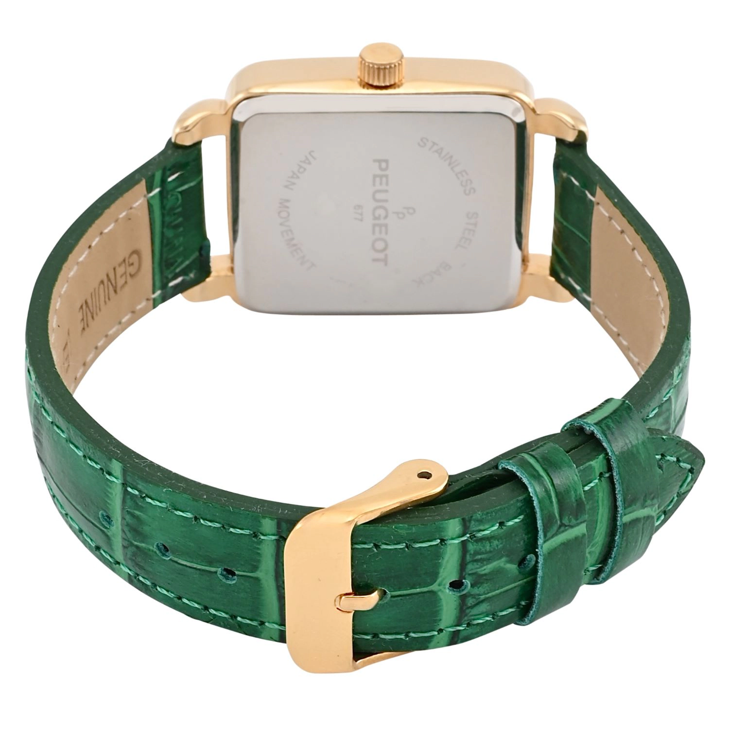 Peugeot Women's 14K Gold Plated Square Dress Watch with European Crystals and Green Leather Band
