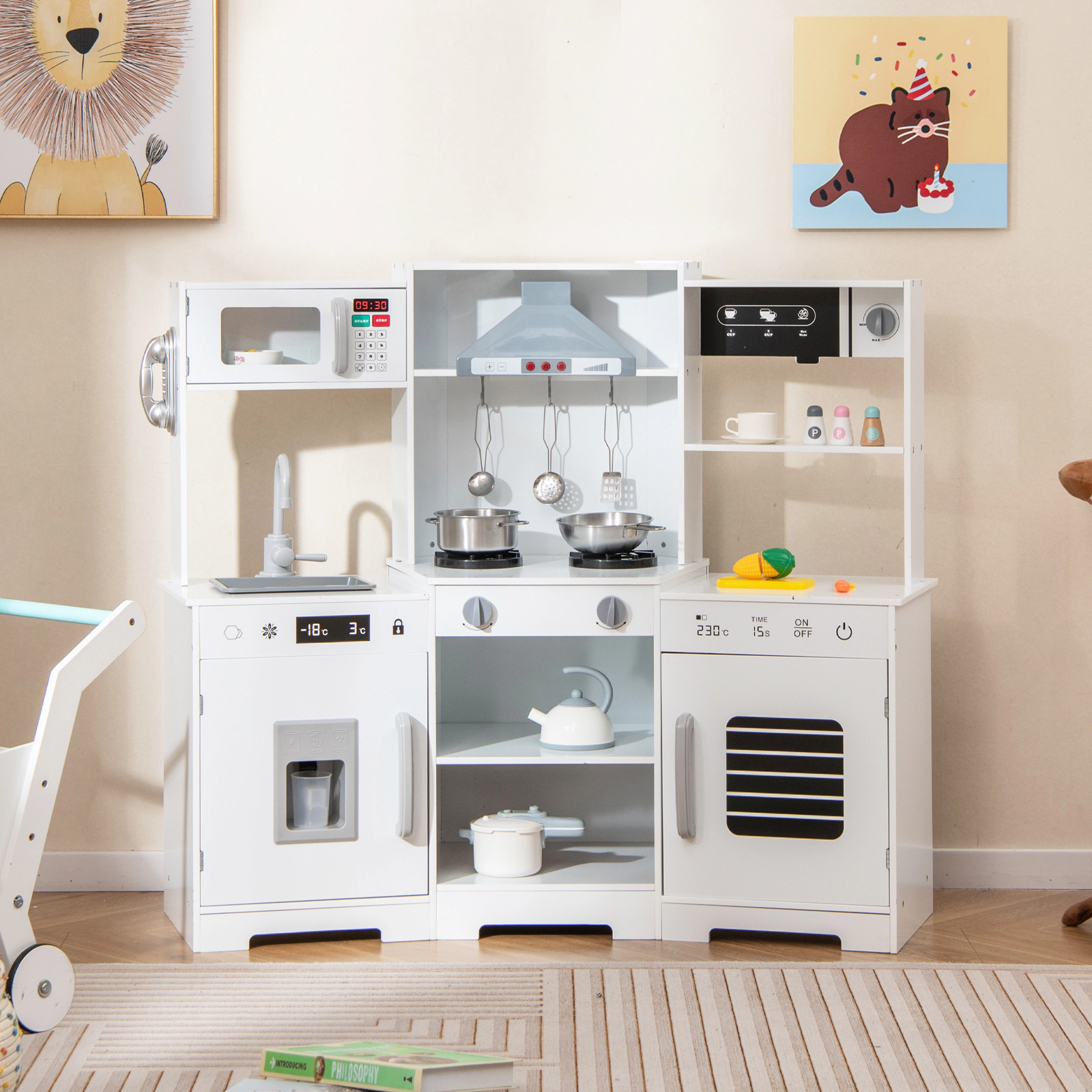 Pretend Play Kitchen Wooden Toy Set LED Range Hood Refrigerator Coffee Maker 17-in Counter 44-in x 17-in x 36.5-in White