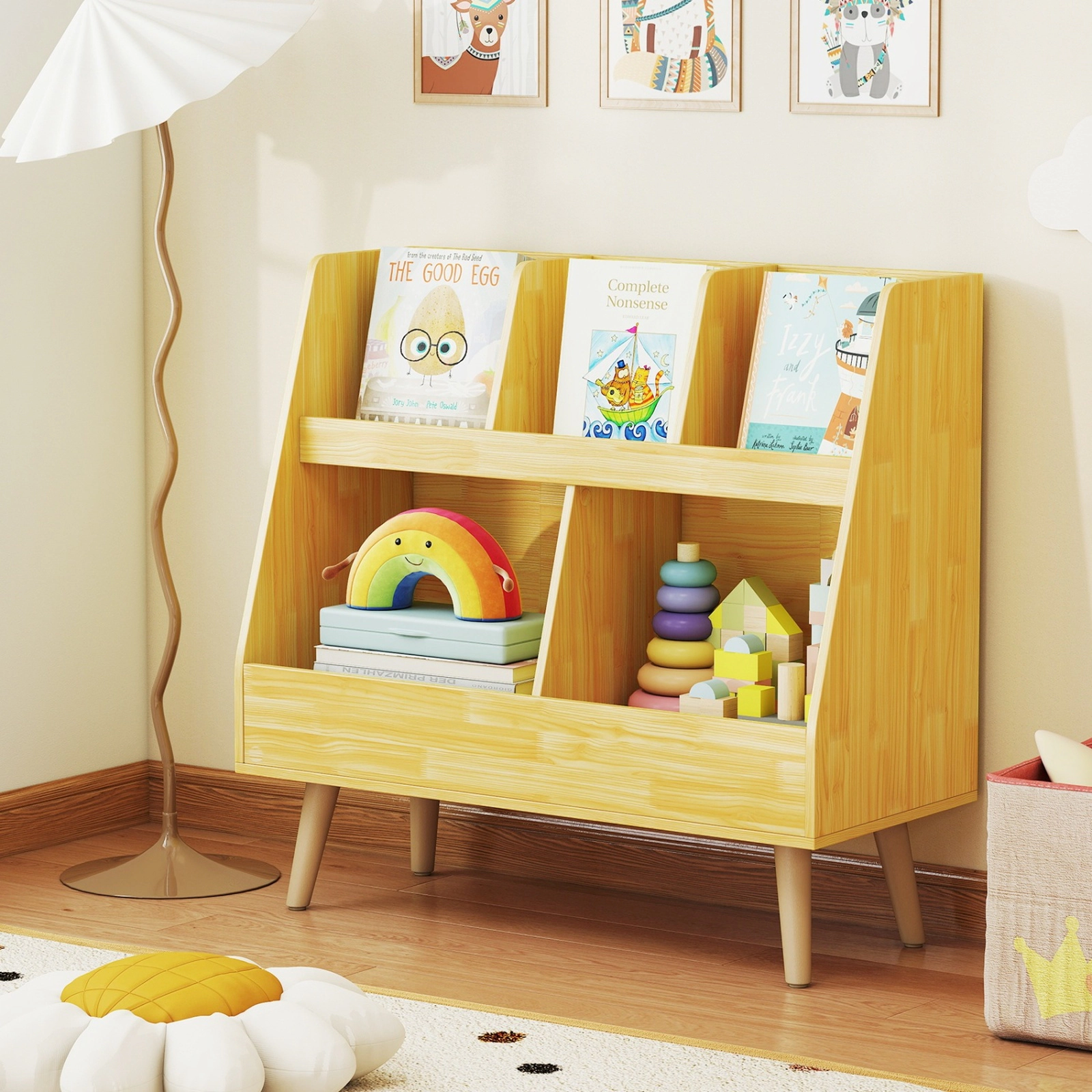 SUGIFT 5-Cube 68-lb Capacity 30-in Oak Kids Bookshelf and Toy Organizer with Anti-Tipping Kits and Wood Legs