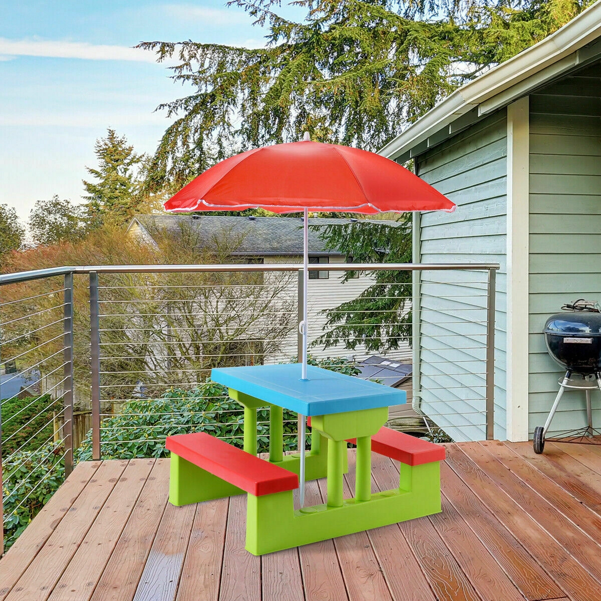 SUGIFT Multicolor Umbrella 4 Seats PP Kids Folding Picnic Table and Bench Set