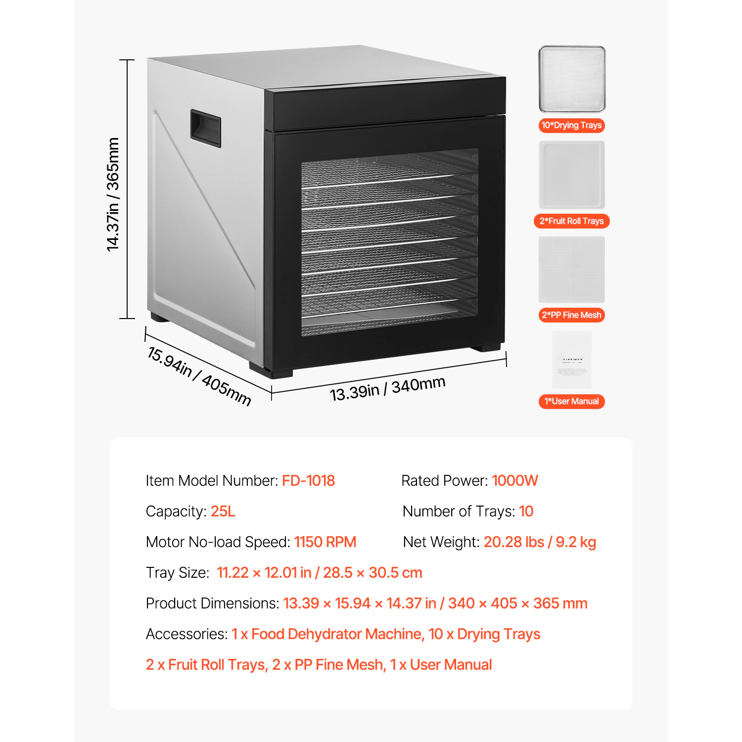 HONGGE Food Dehydrator Machine, Stainless Steel Trays, Electric Dryer with Adjustable Temperature & 24-Hour Timer