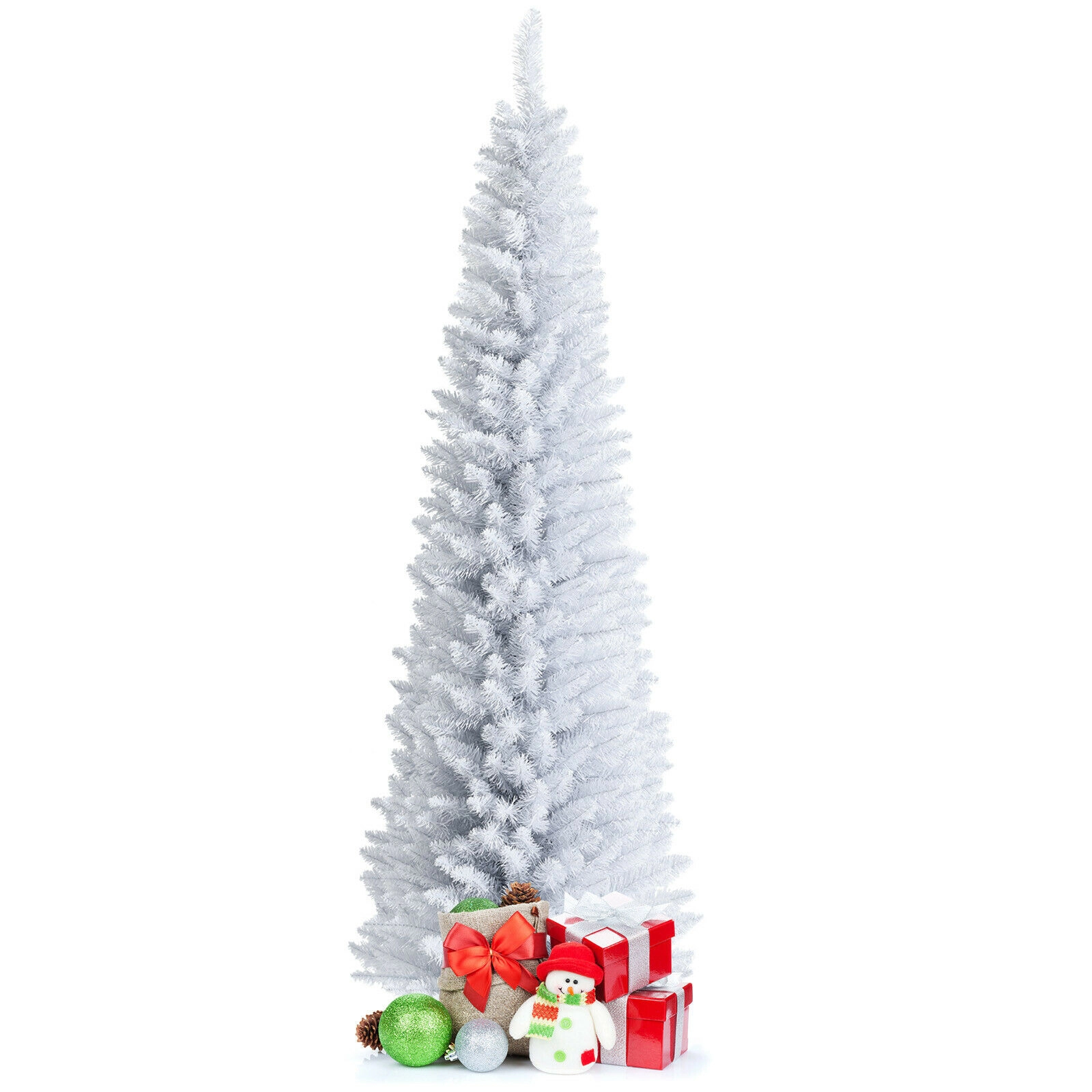 SUGIFT Slim Space-Saving Unlit Artificial Pencil Christmas Tree with Folding Metal Stand 7-ft Tall White