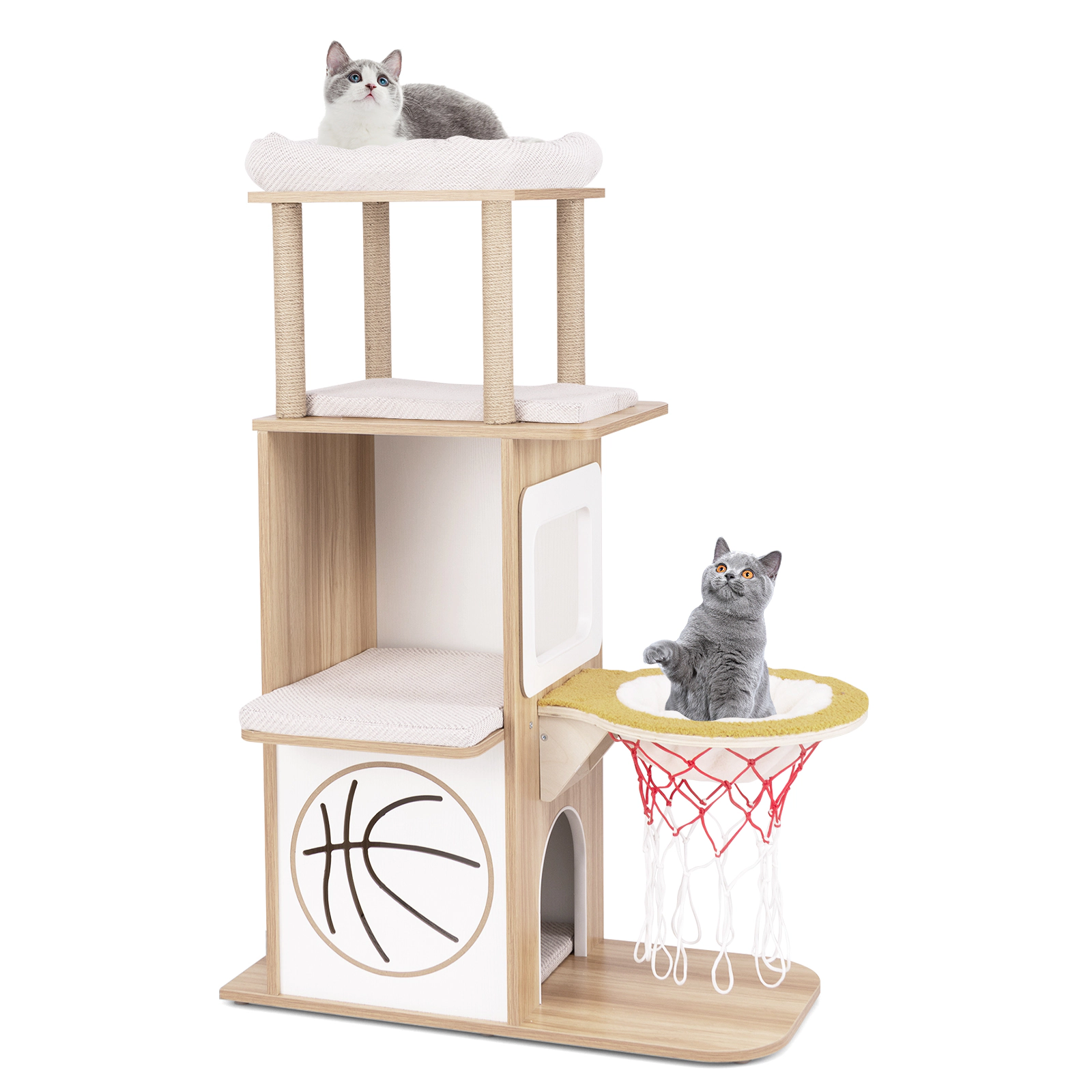 SUGIFT Natural 47 in Wooden Cat Tree with 2-Story Condo and Basketball Hoop Hammock