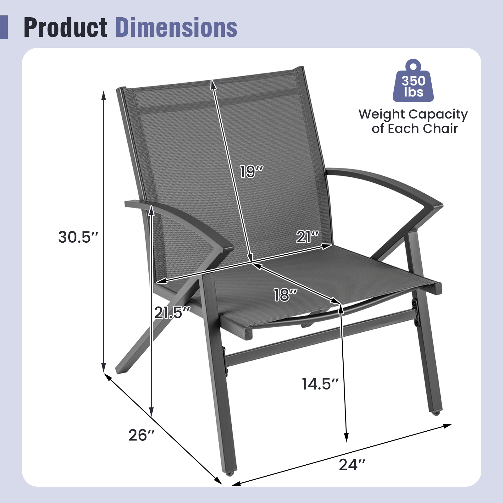 SUGIFT Breathable Quick-Drying Fabric Patio Lawn Chairs Set of 2 with Heavy Duty Metal Frame 350-lb Capacity Gray