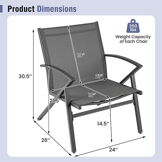 SUGIFT Breathable Quick-Drying Fabric Patio Lawn Chairs Set of 2 with Heavy Duty Metal Frame 350-lb Capacity Gray