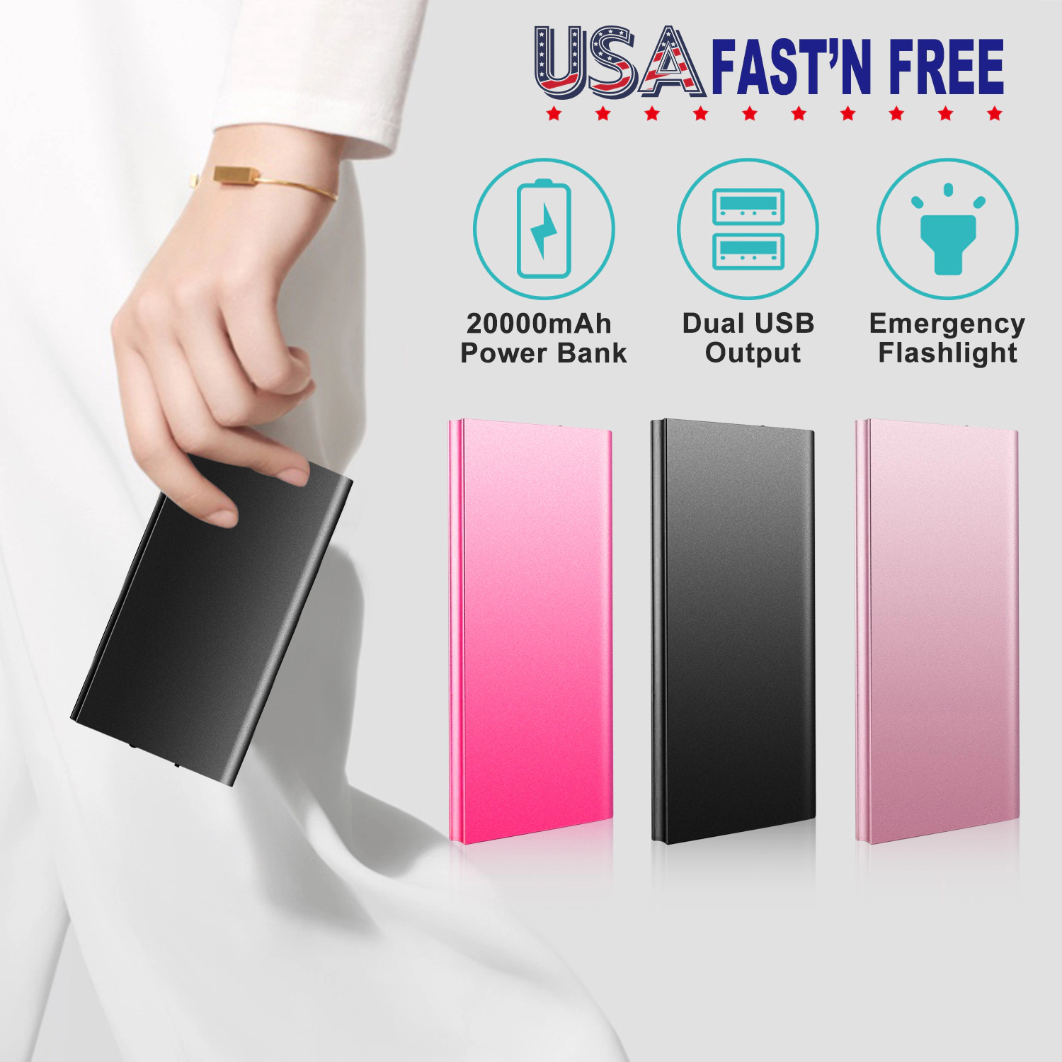 GBruno 20000mAh Dual-Port Power Bank With LED Light