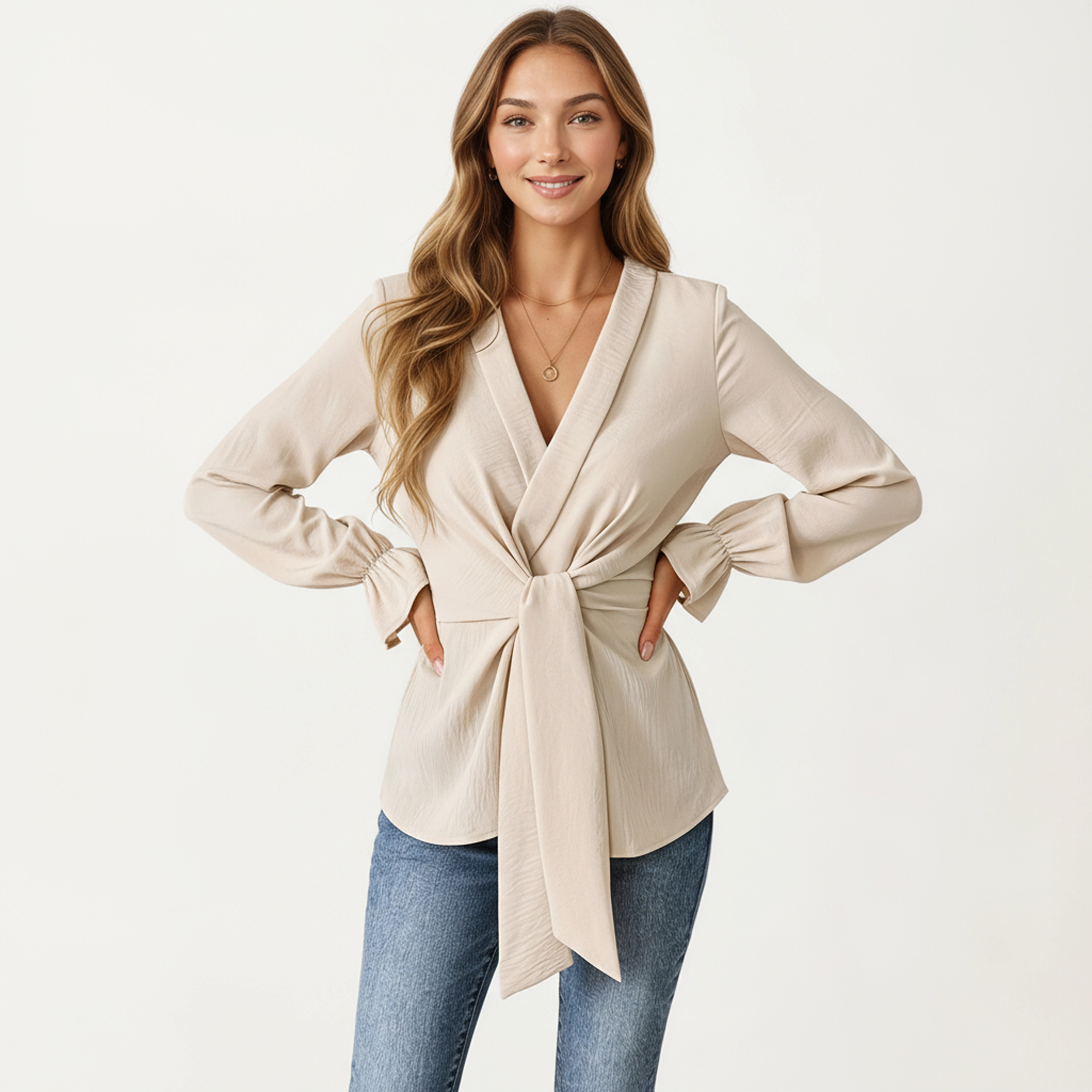 Anna-Kaci Women's Wrap Front V-Neck Waist Tie Long Sleeve Blouse