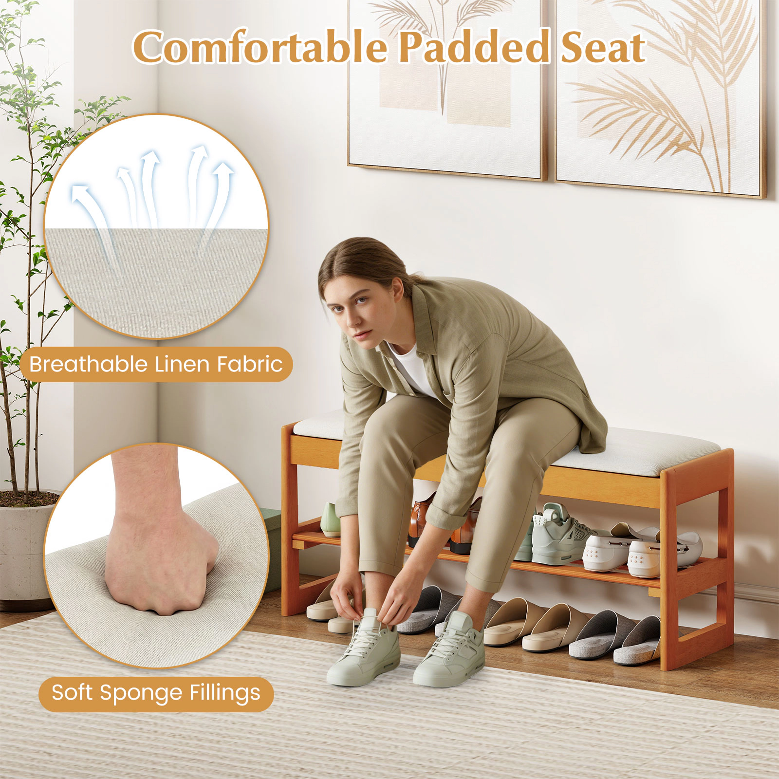 SUGIFT Beige 40-in Shoe Storage Bench with Flip-Open Hidden Compartment Padded Seat and Shoe Shelf