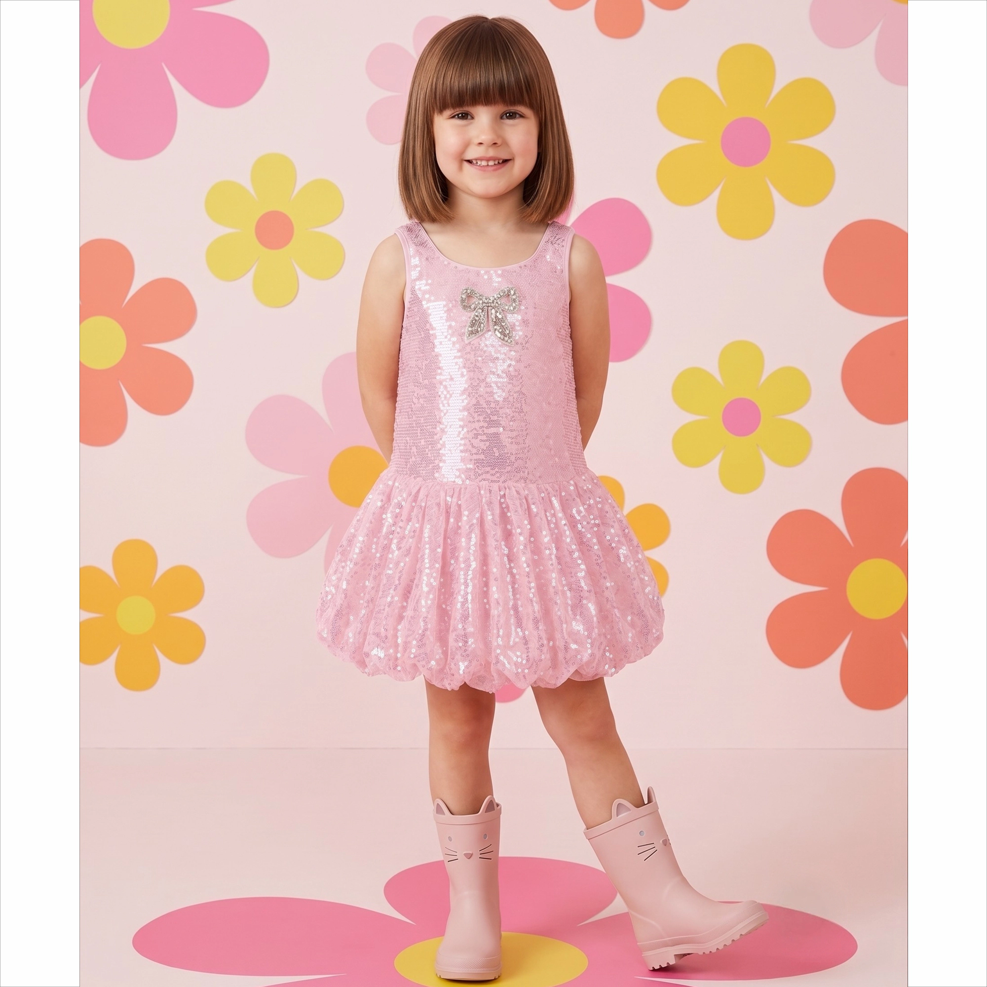 2Bunnies Girls' Sequin Sleeveless Bubble Dress with Rhinestone Bow