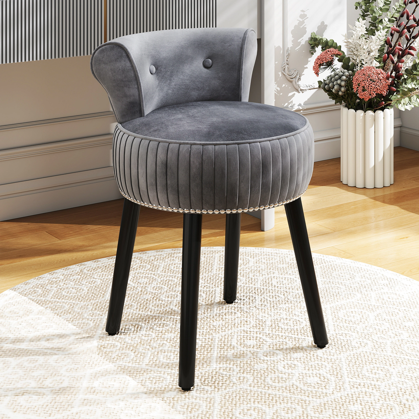 SUGIFT Velvet Vanity Chair Gray Upholstered Stool with Tufted Low Back and Wood Legs