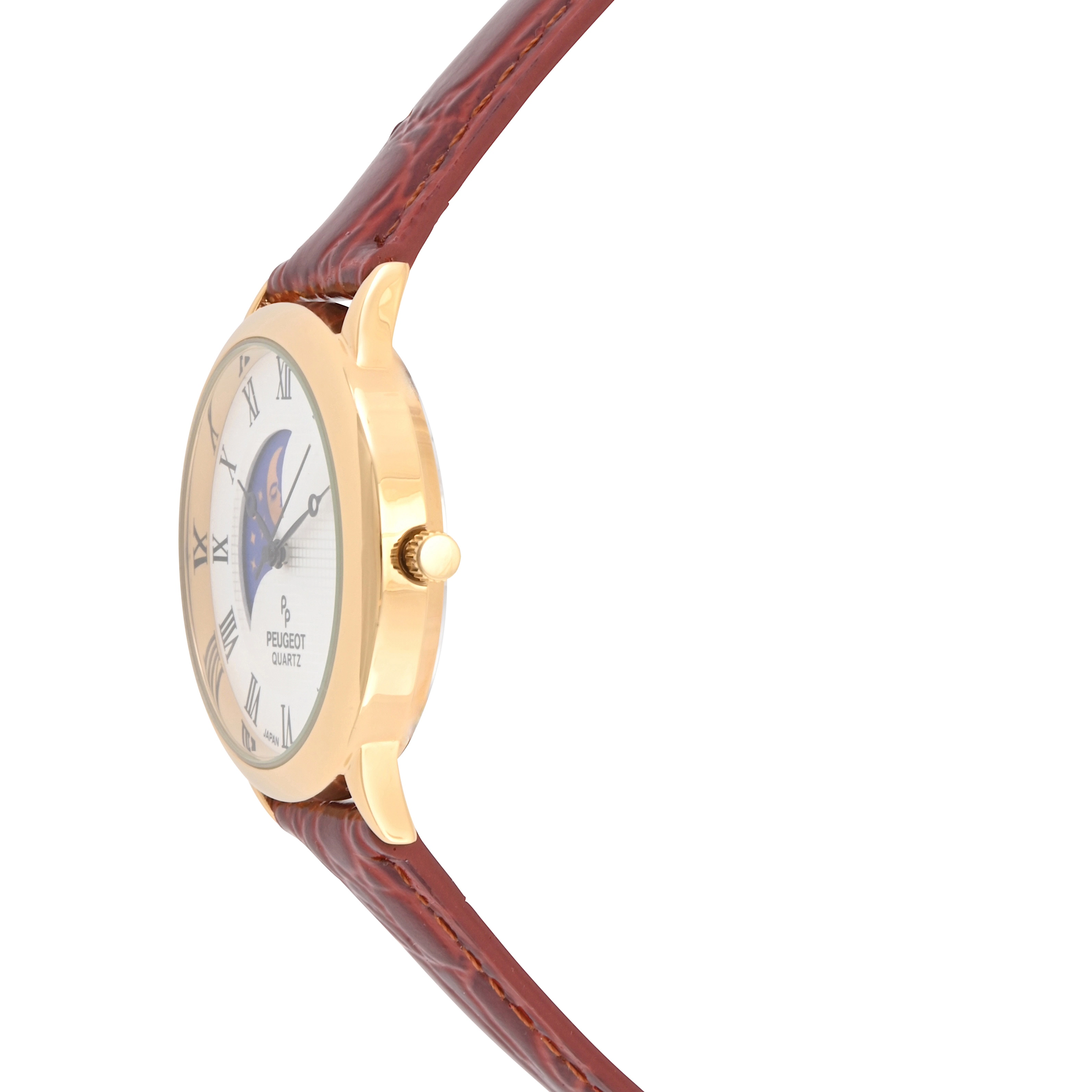 Peugeot Men's 38mm Brown Sun-Moon Brown Leather Strap Watch