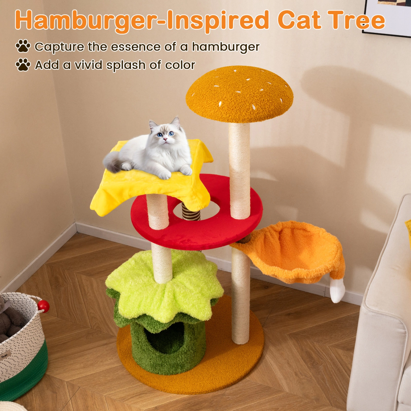 SUGIFT Yellow 46 in Hamburger Cat Tree with Hanging Basket Bed and Padded Perch