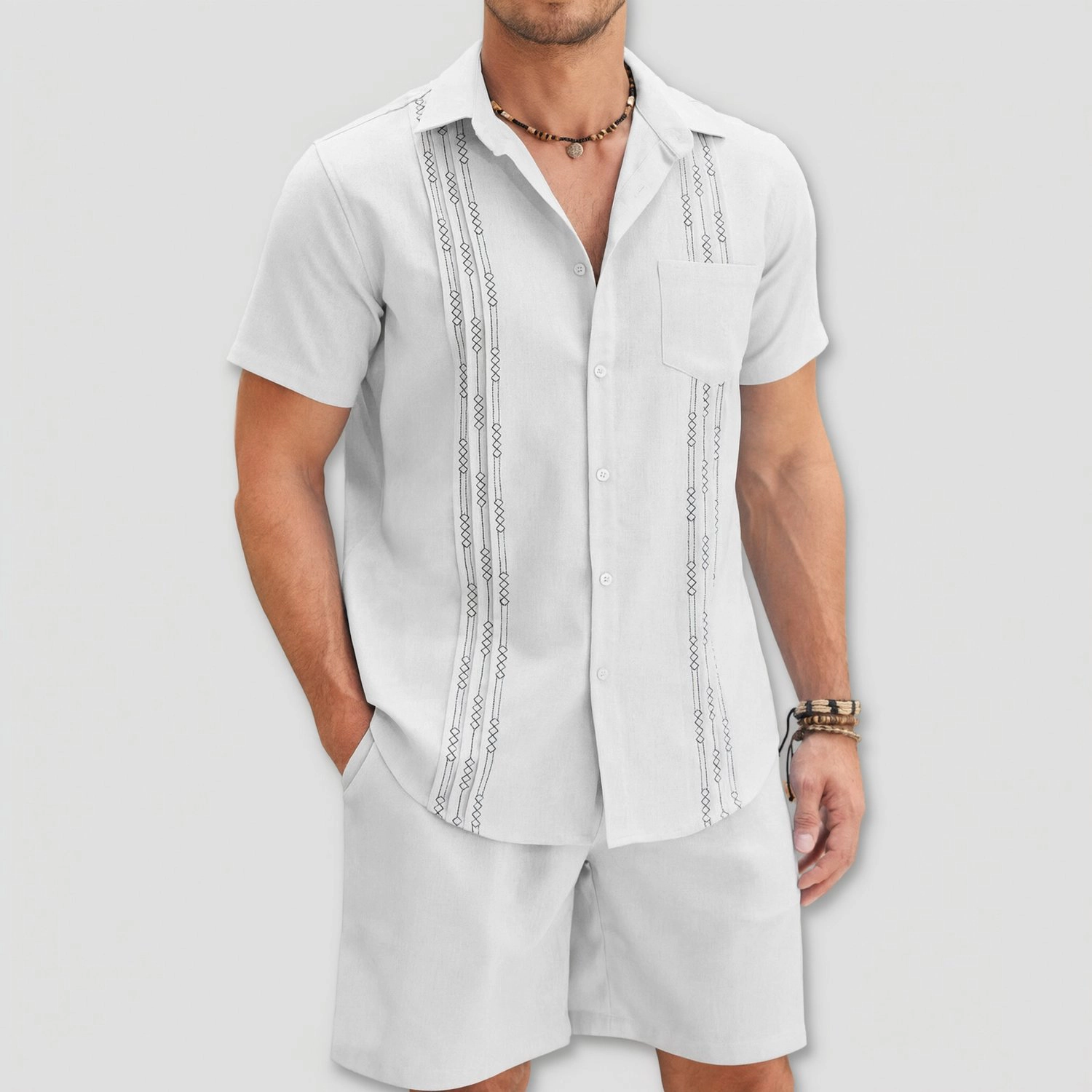 COOFANDY Mens  Short Sleeve Button Down Shirts Casual Stripe Print Shorts Set
