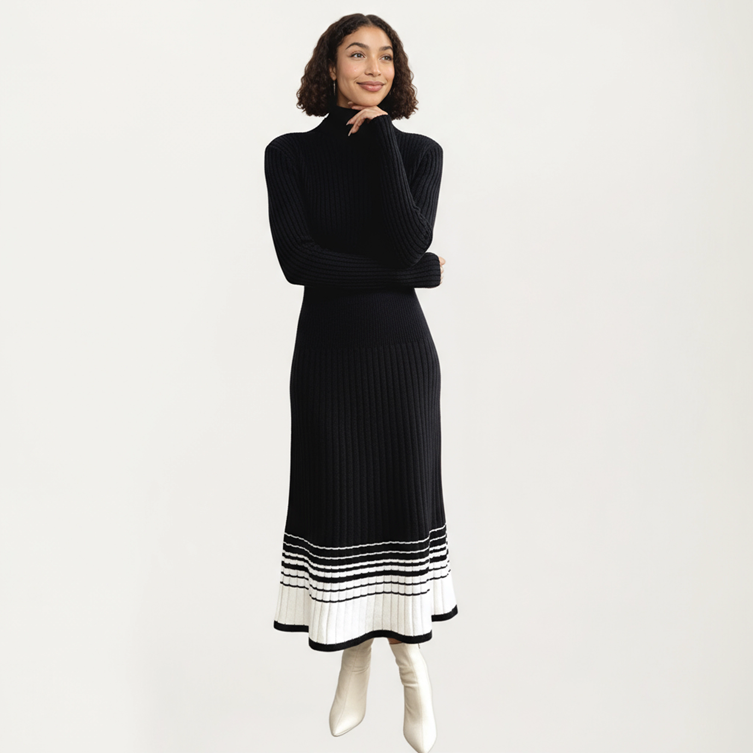 Anna-Kaci Women's Long Sleeve Ribbed Knit Contrast Hem Stripe Midi Dress