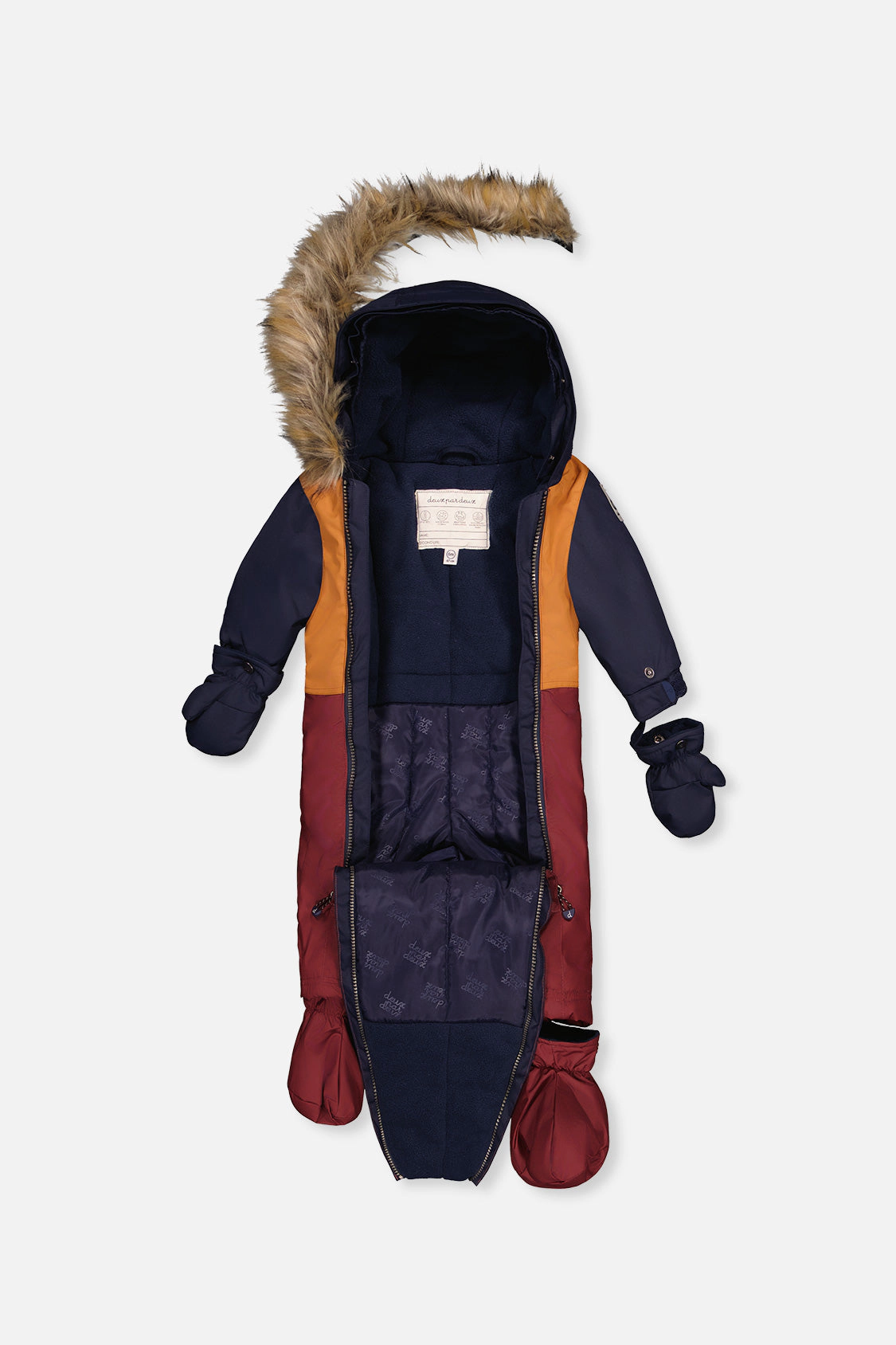 Deux par Boys One Piece Snowsuit Adapted for Car Seats with Detachable Hood