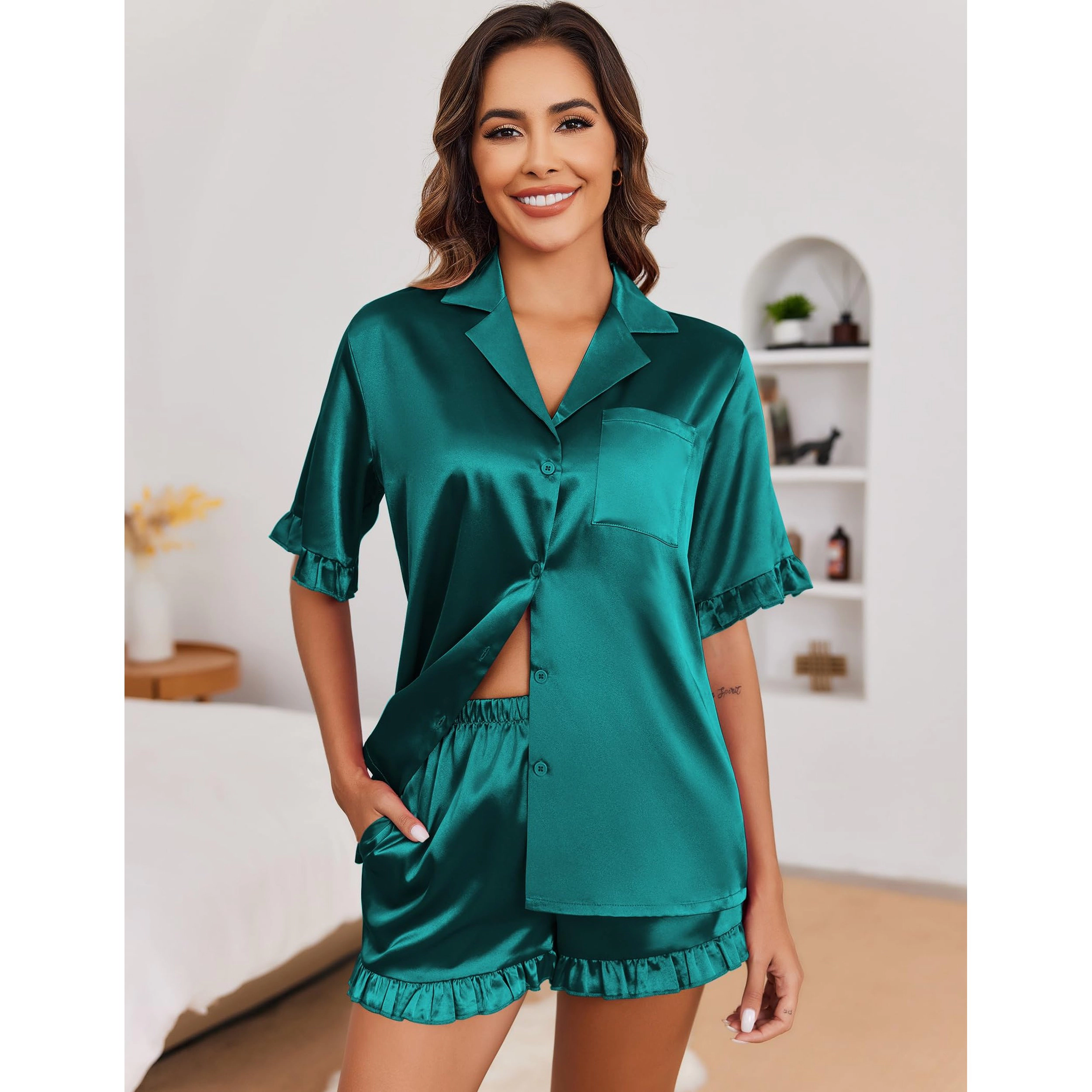 Ekouaer Satin Pajama Set Button Down Silk Two Piece Sets Ruffle Short Sleeve Sleepwear