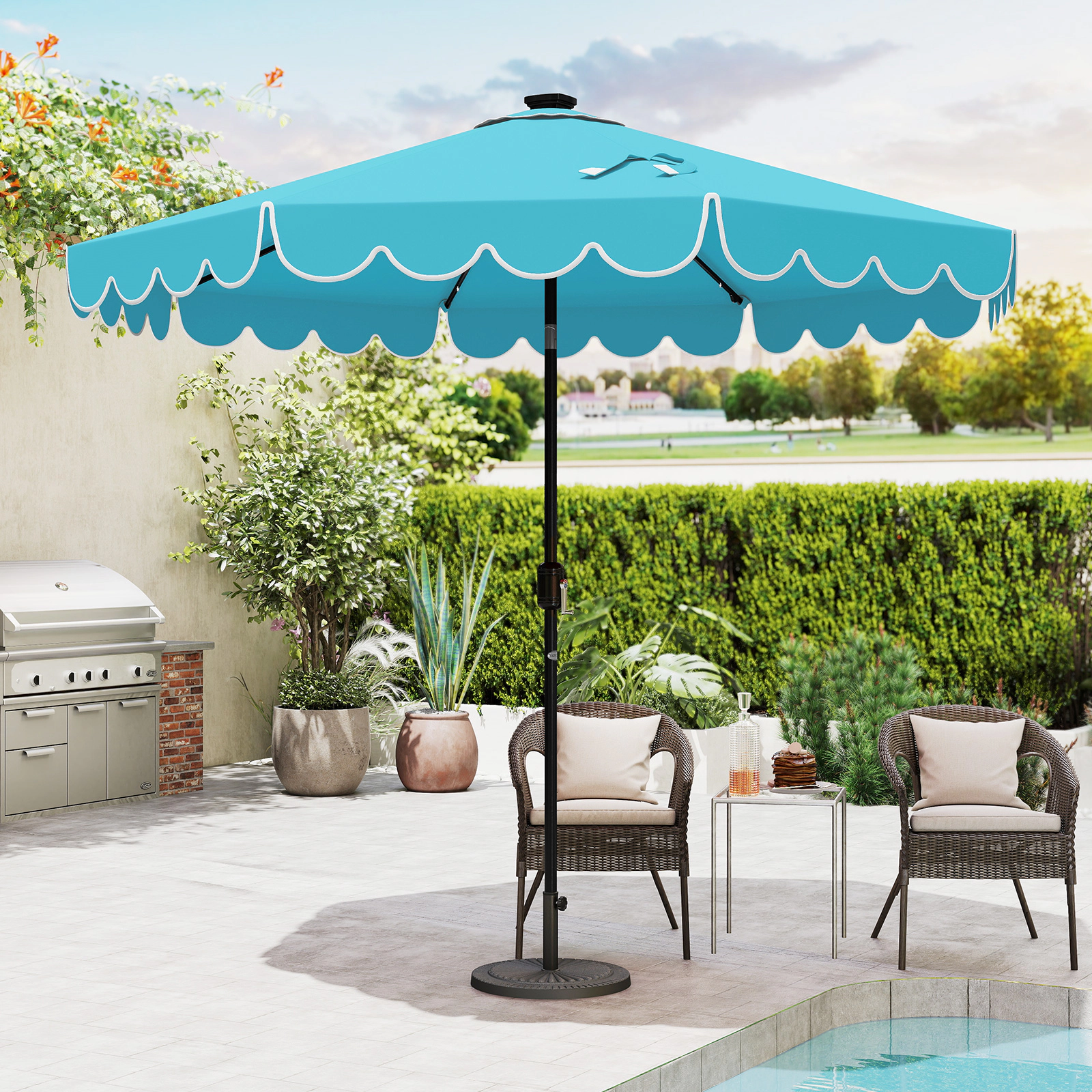 SUGIFT 9.3-ft Solar Patio Umbrella with 24 LED Lights Vented Ruffled Polyester Canopy 16-lb Metal Frame Turquoise