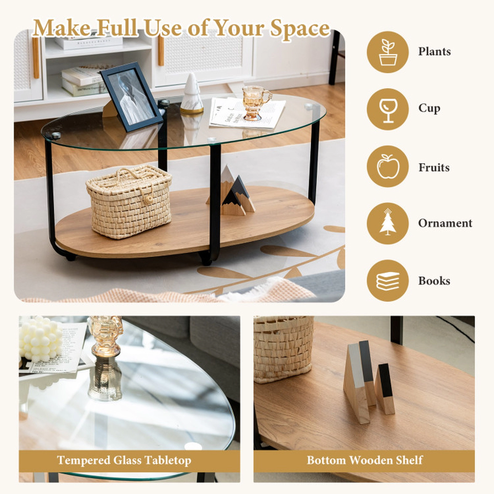 SUGIFT 2-Tier Glass-Top Oval Coffee Table with Wooden Shelf 88-Lb Per Layer Capacity Brown