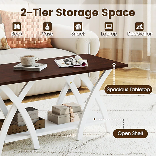 Glintex Farmhouse 40-Inch 2-Tier Coffee Table with X-Shaped Wood Frame, Walnut + White